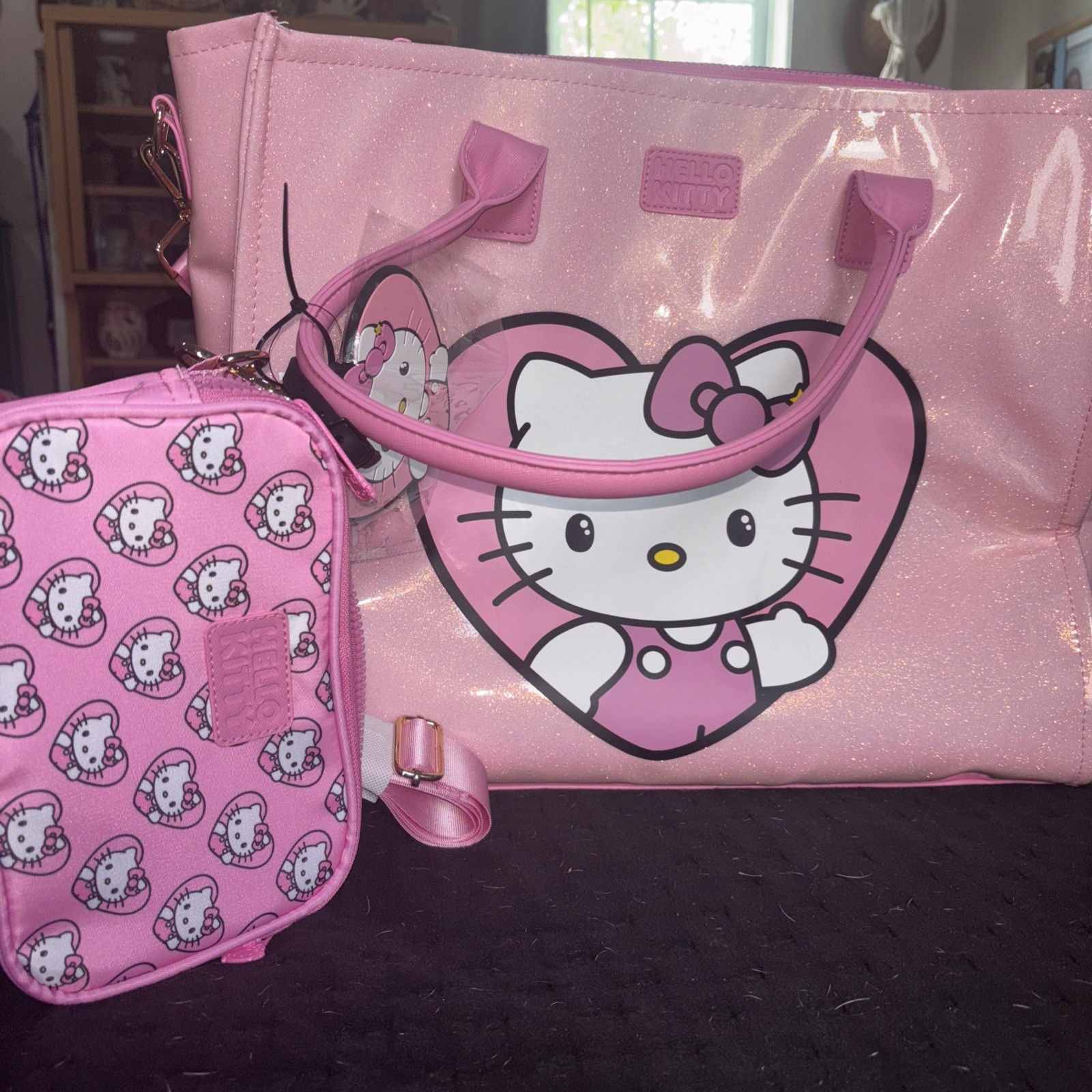 Hello Kitty Bioworld 3pc Travel Set Pink Glitter Tote Crossbody Luggage Tag NEW