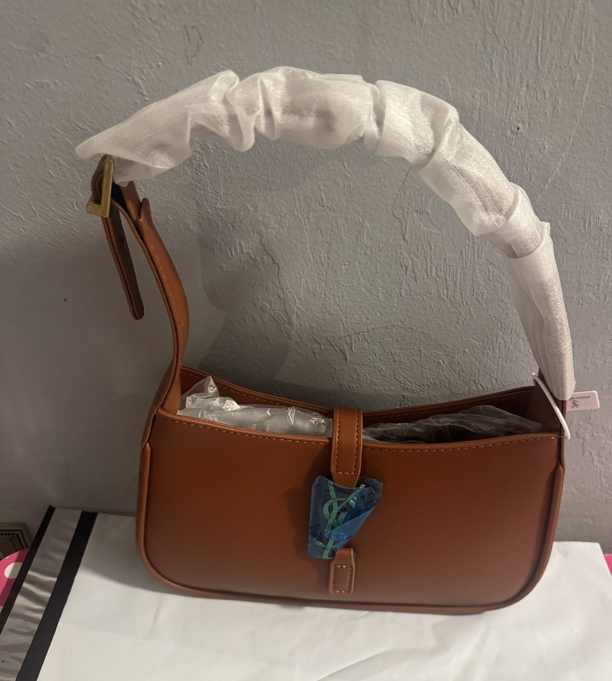 Brown Solid Rectangle Shoulder Bag Buckle Closure Buckle Accent Gold Hardware