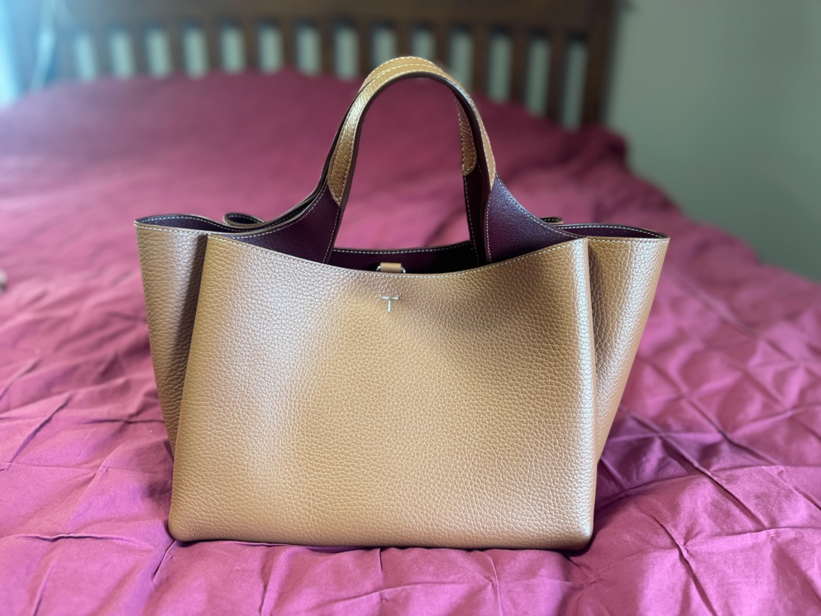 Tod’s “Apa” Mini Leather Handbag in Caramel with Bordeaux Interior