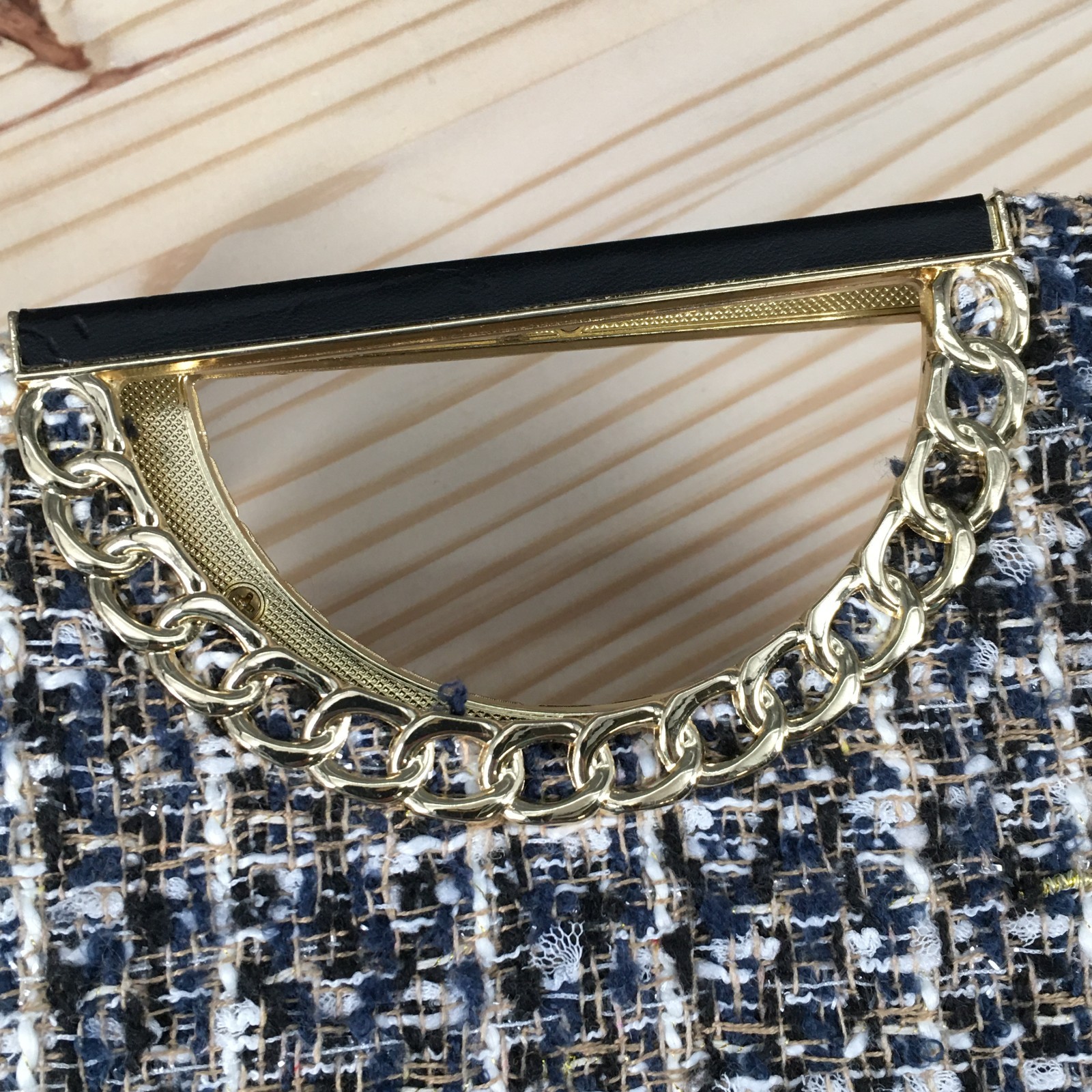 Alessia Tweed Clutch Crossbody Bag Black Cream Textured Gold Chain