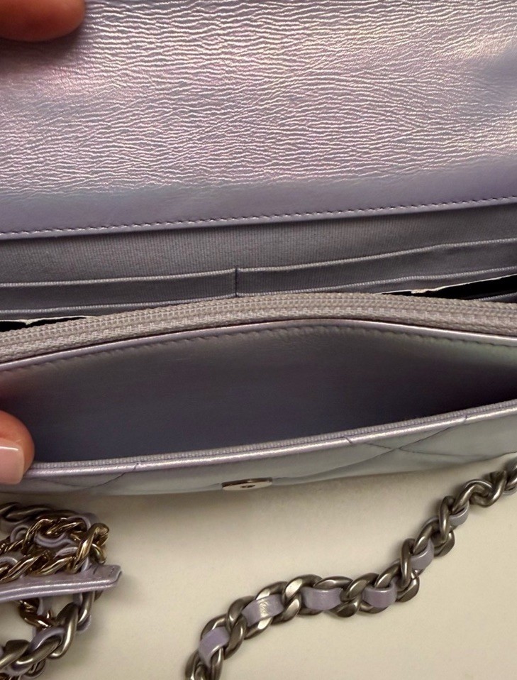 CHANEL Purple Metallic Quilted Flap Bag CC Logo Chain Strap Crossbody