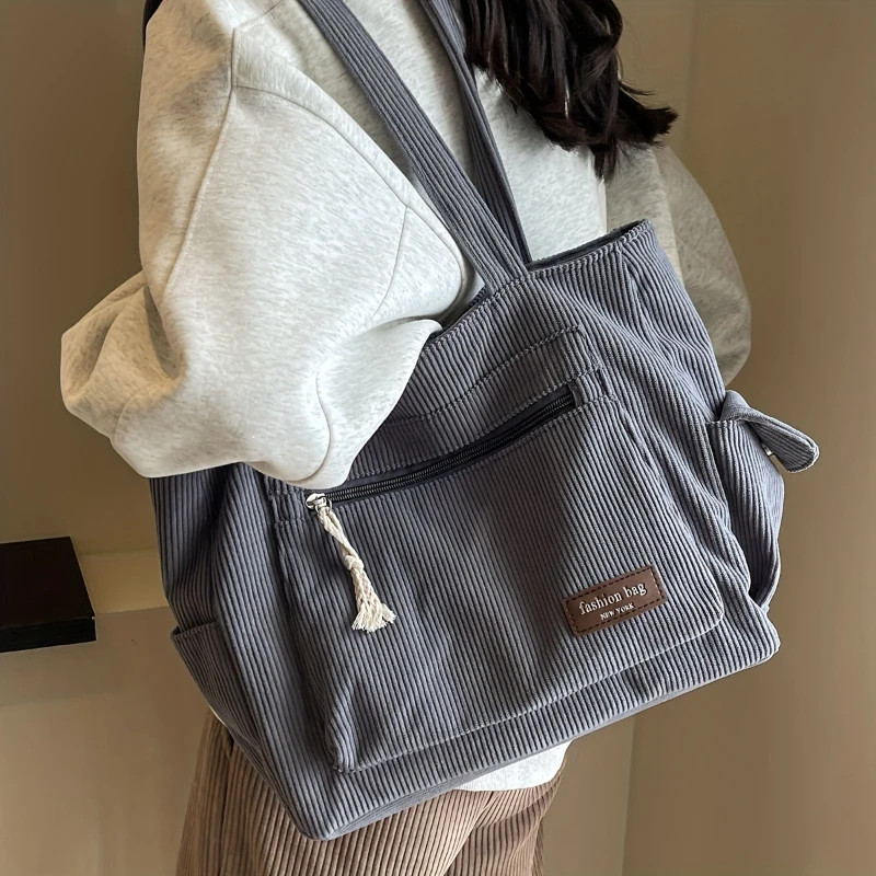 Tote Bag Solid Color Shoulder Bag Retro Multi Pockets Handbag School Work