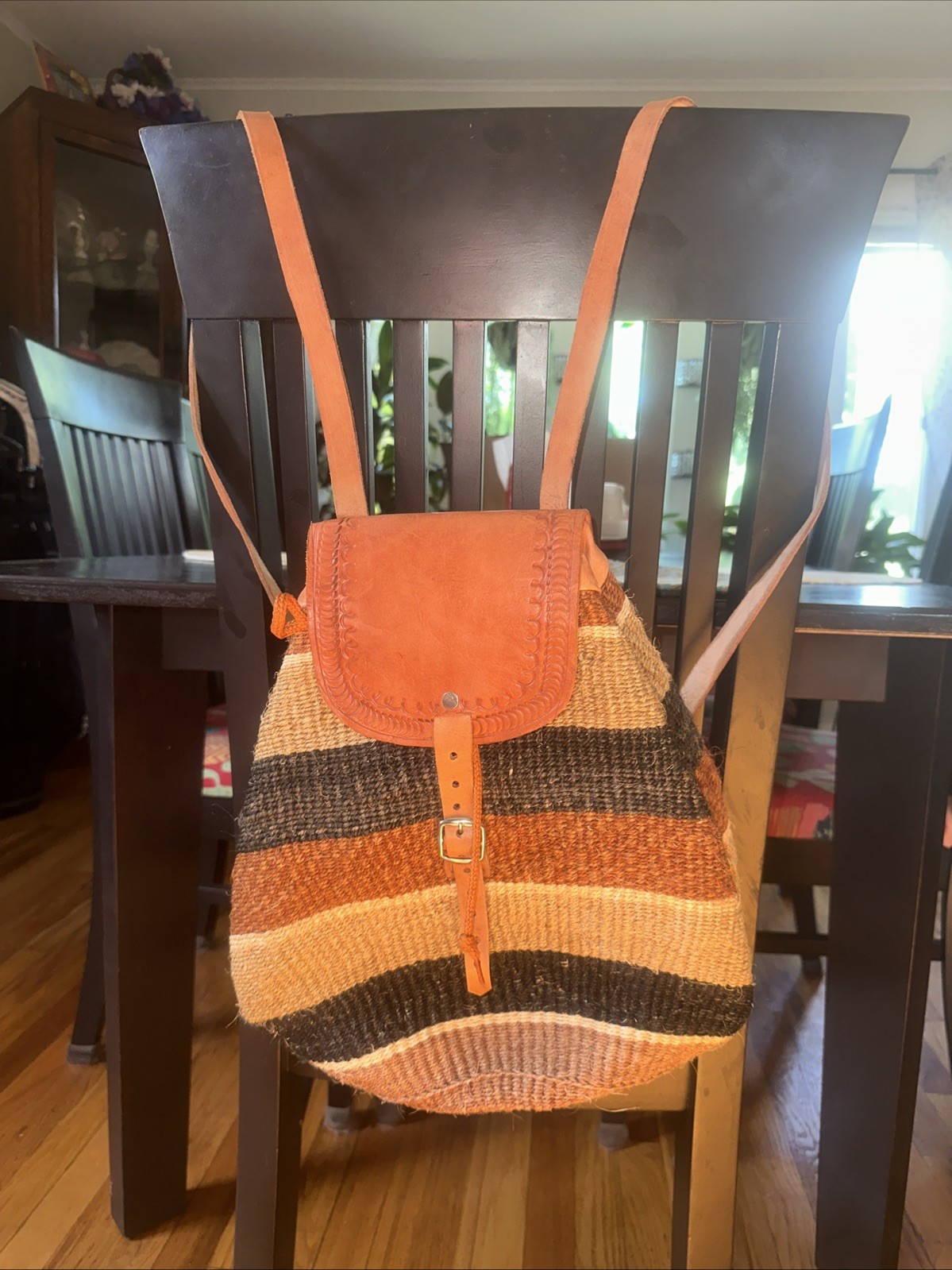 Women Boho Straw Leather Striped Natural Colors Handmade Backpack Bag Purse New