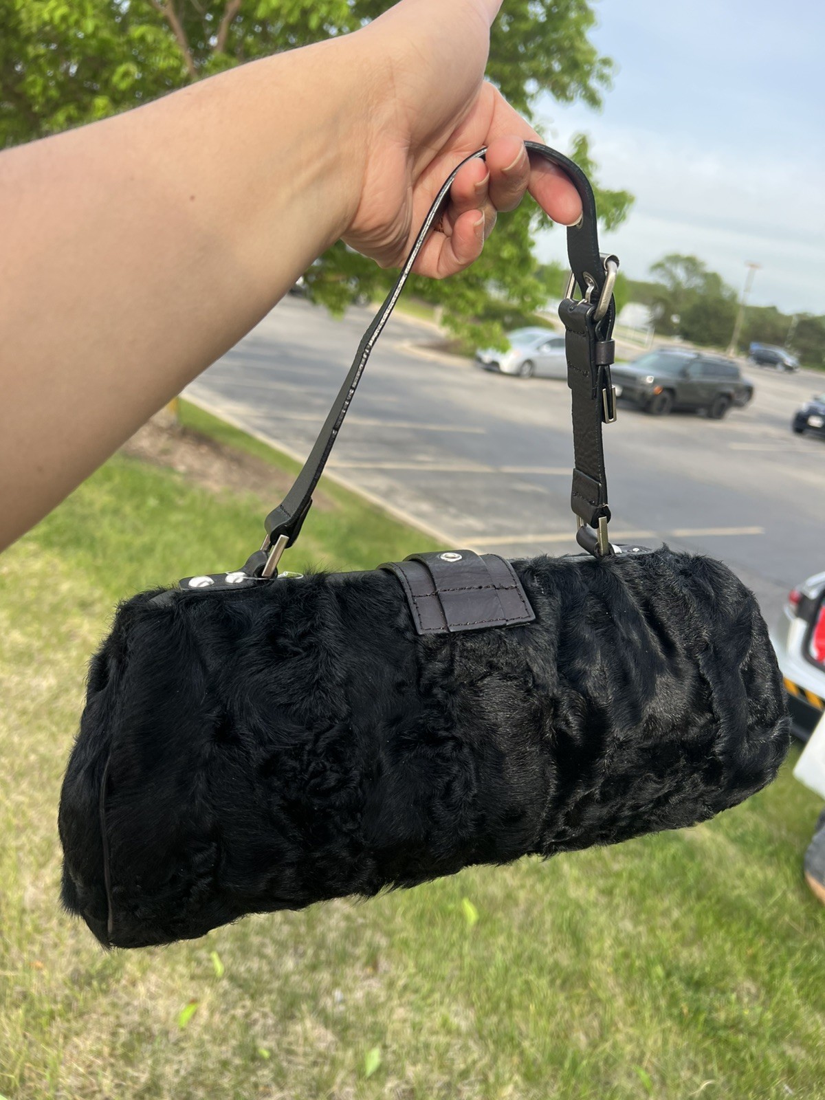 CYNTHIA ROWLEY BLACK CURLY FUR HANDBAG SHOULDER BAG LEATHER ACCENTS