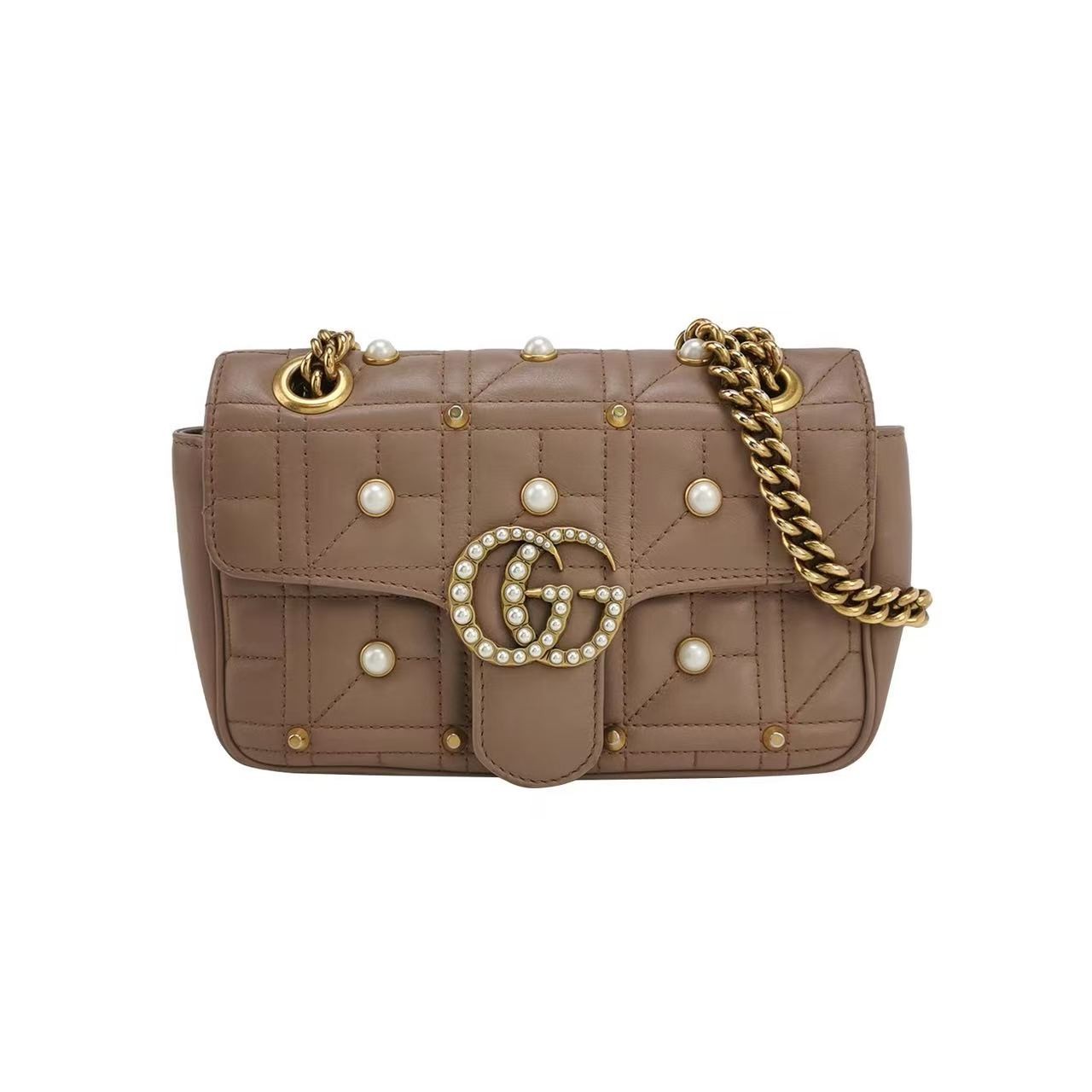 Gucci GG Marmont Matelassé Pearl Studded Calfskin Shoulder Bag Flap Purse Auth