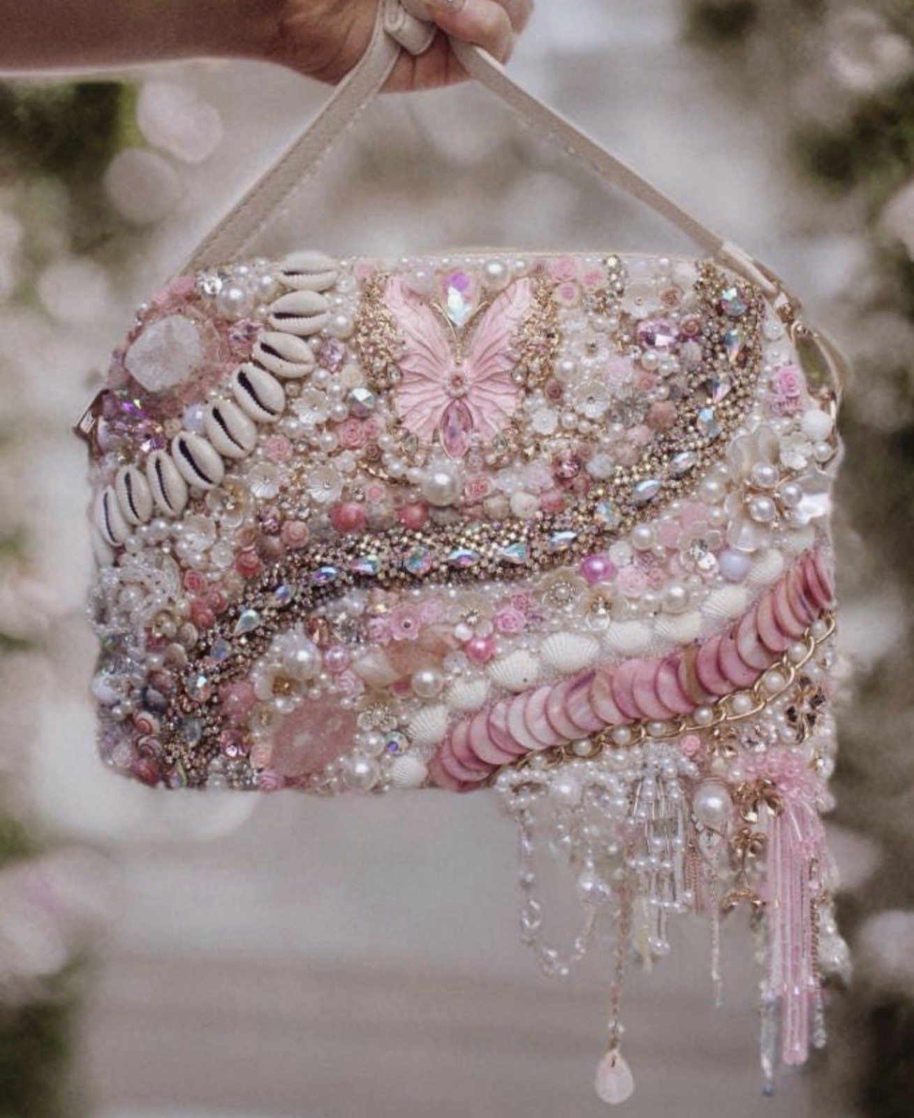 Pink/White Beaded Butterfly Top Handle Bag w/ Detachable Strap, Zipper
