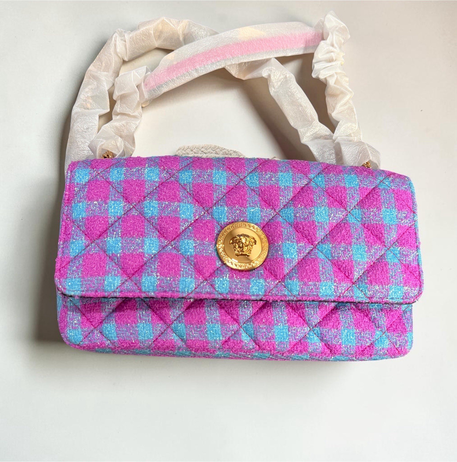 Versace Medusa Icon Chain Flap Bag Quilted Tweed East West NWT | Dust Bag