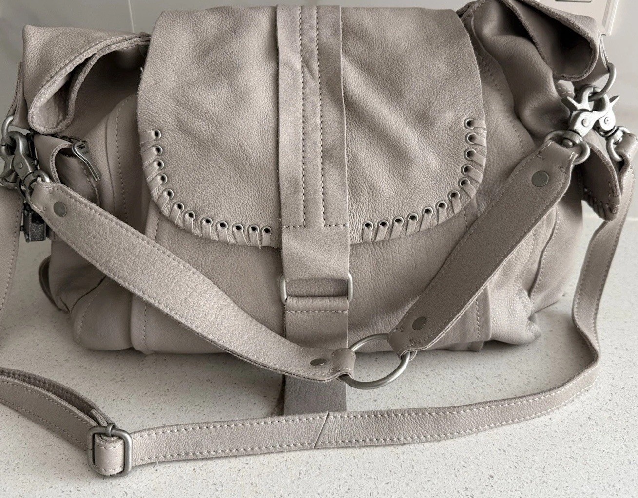 Free People We The Free Leigh Distressed Leather Hobo Bag Light Gray