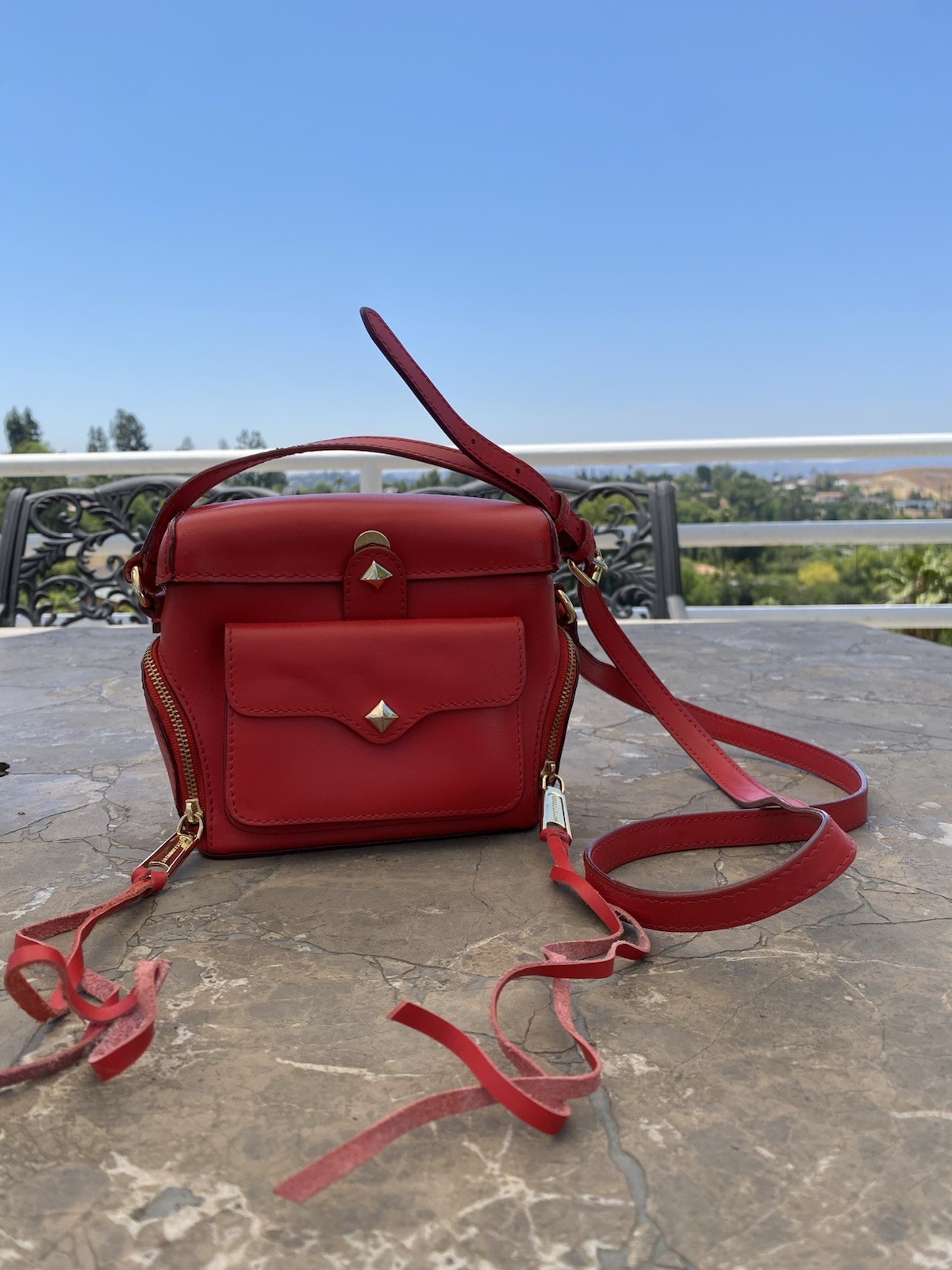 REBECCA MINKOFF Leather Camera Crossbody Bag Red, 7x 5.5 x 3 in, EUC