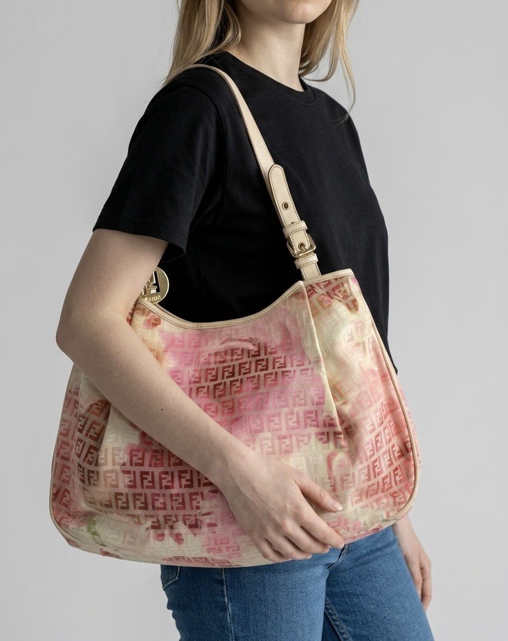 🌸 Authentic FENDI Chef Shoulder Bag Pink Floral Zucca FF Canvas 8BH220 🌸