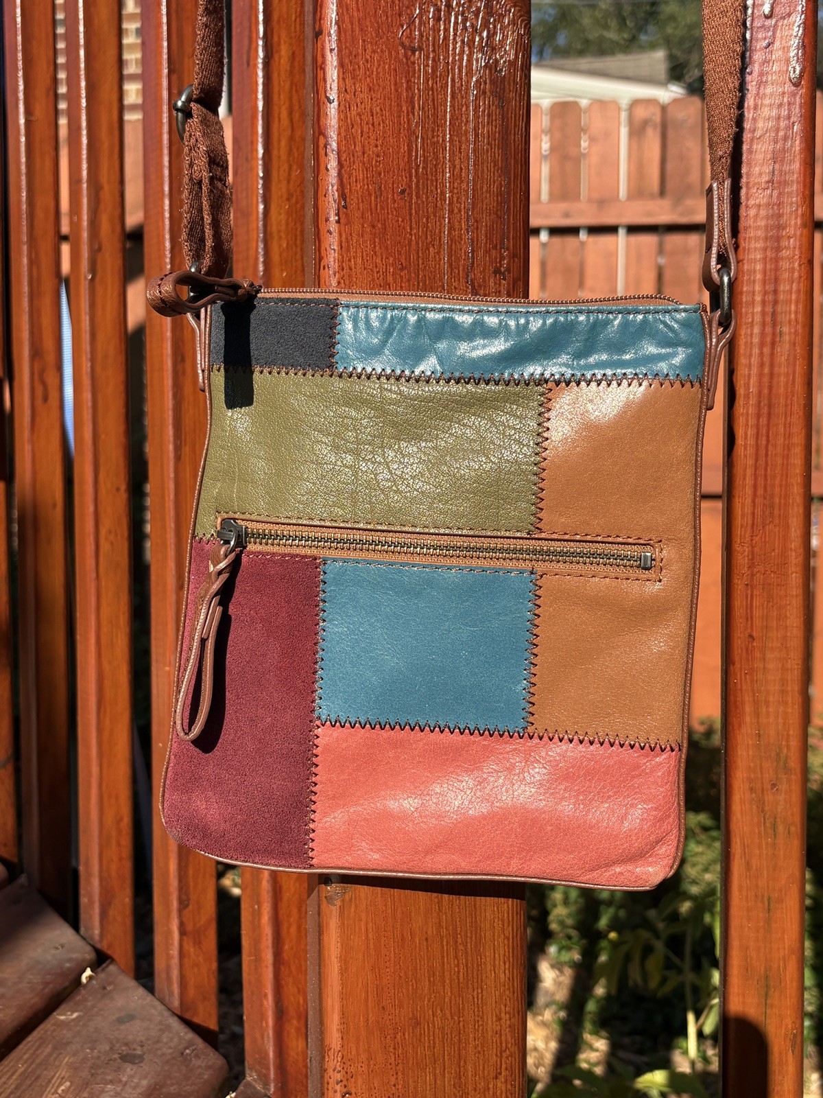 The Sak Patchwork Leather & Suede Crossbody Hobo Bag Boho Chic Slouchy Retro