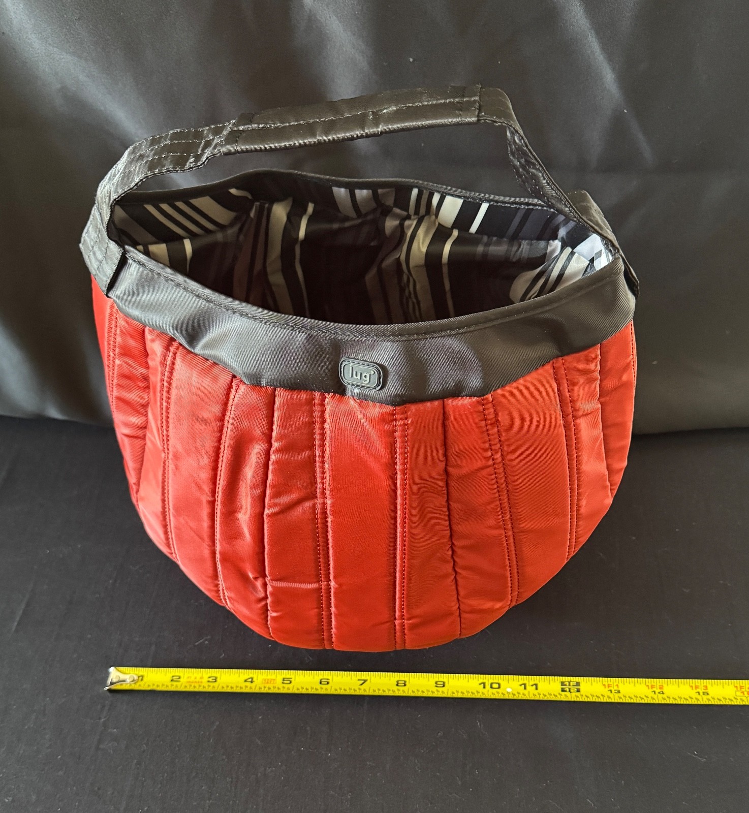 Lug Pumpkin Bucket Tote Bag Dark Orange with Black and White Stripped Interior