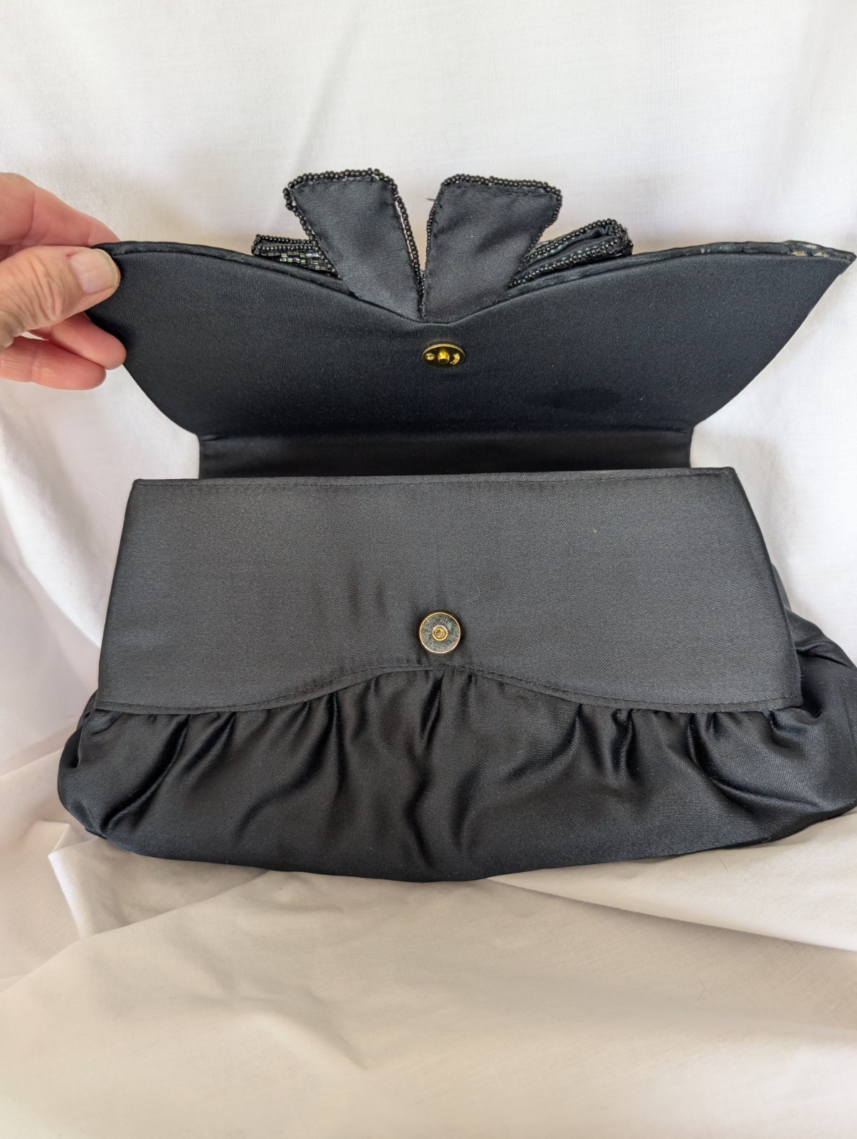 Black Satin Evening Bag Clutch with Sequin Bow Old Hollywood Glam Paris Y2K