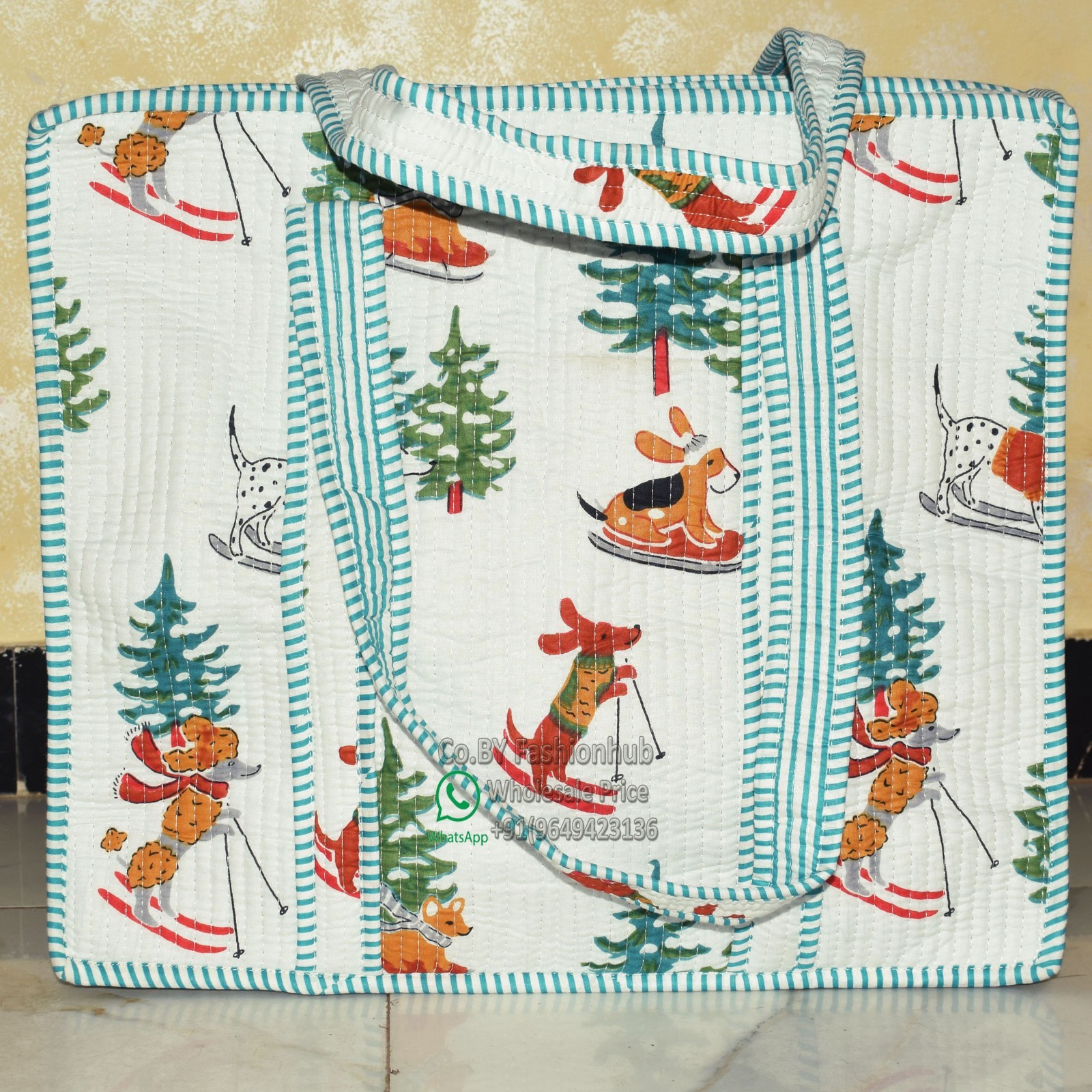 Christmas Skiing Dogs Print, Holiday Novelty Cotton Handbag, Block Print Travel