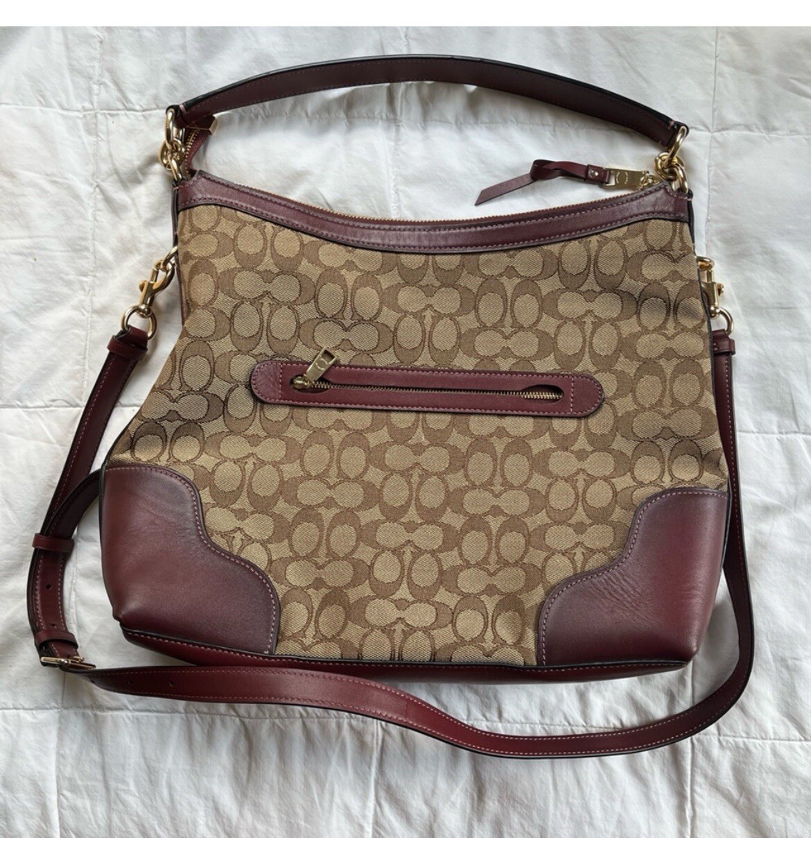 Coach Hobo Ivie Jacquard And Burgundy Leather Bag Authentic No Tag
