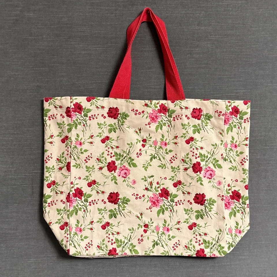 Laura Ashley Tote Red Pink Floral Canvas Reusable Shopping Travel Boho Grocery
