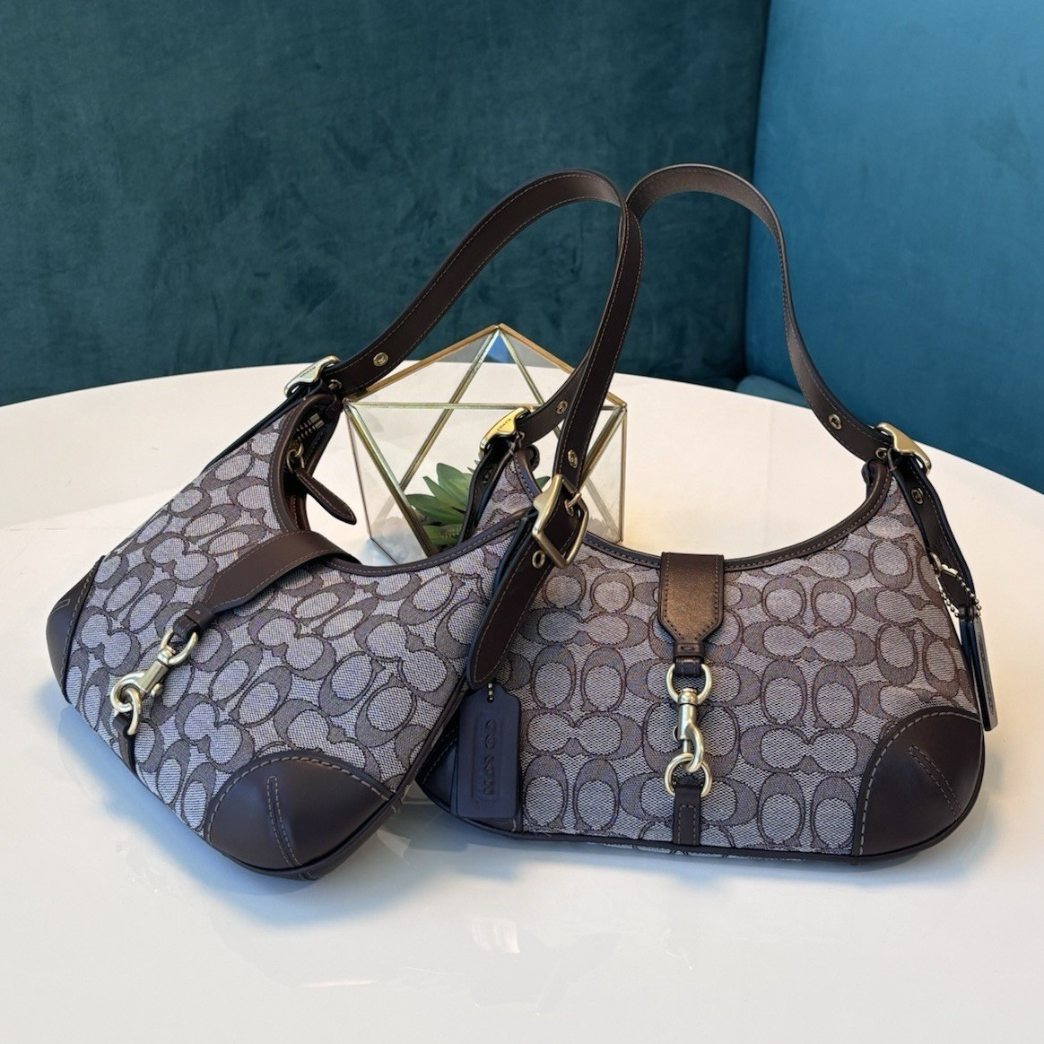 Coach Hamptons Hobo Brown with gold brass hardware in Signature Jacquard