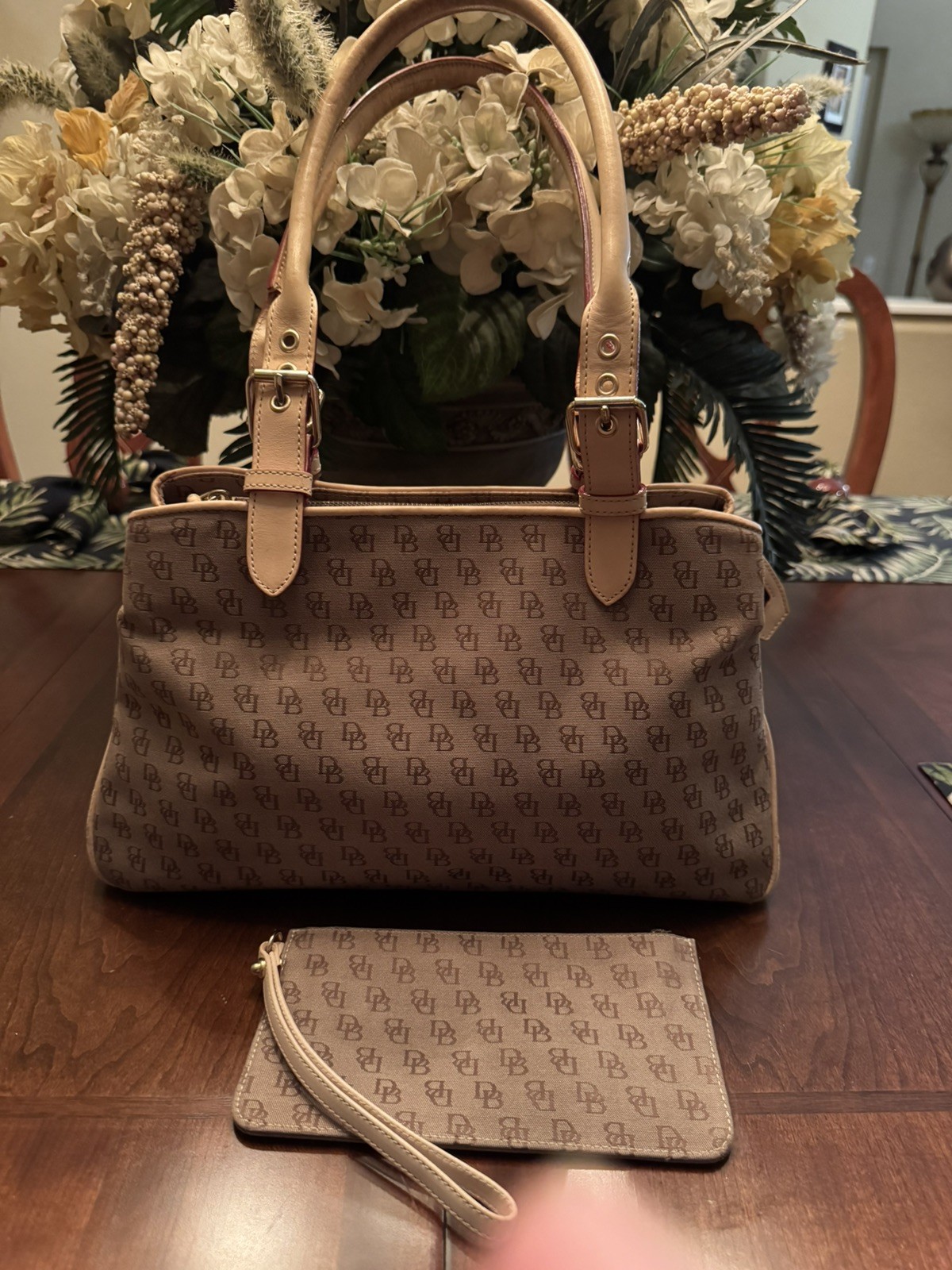 DOONEY & BOURKE Y2K Brown Monogram DB Logo Canvas Shoulder Bag With Key/Wristlet