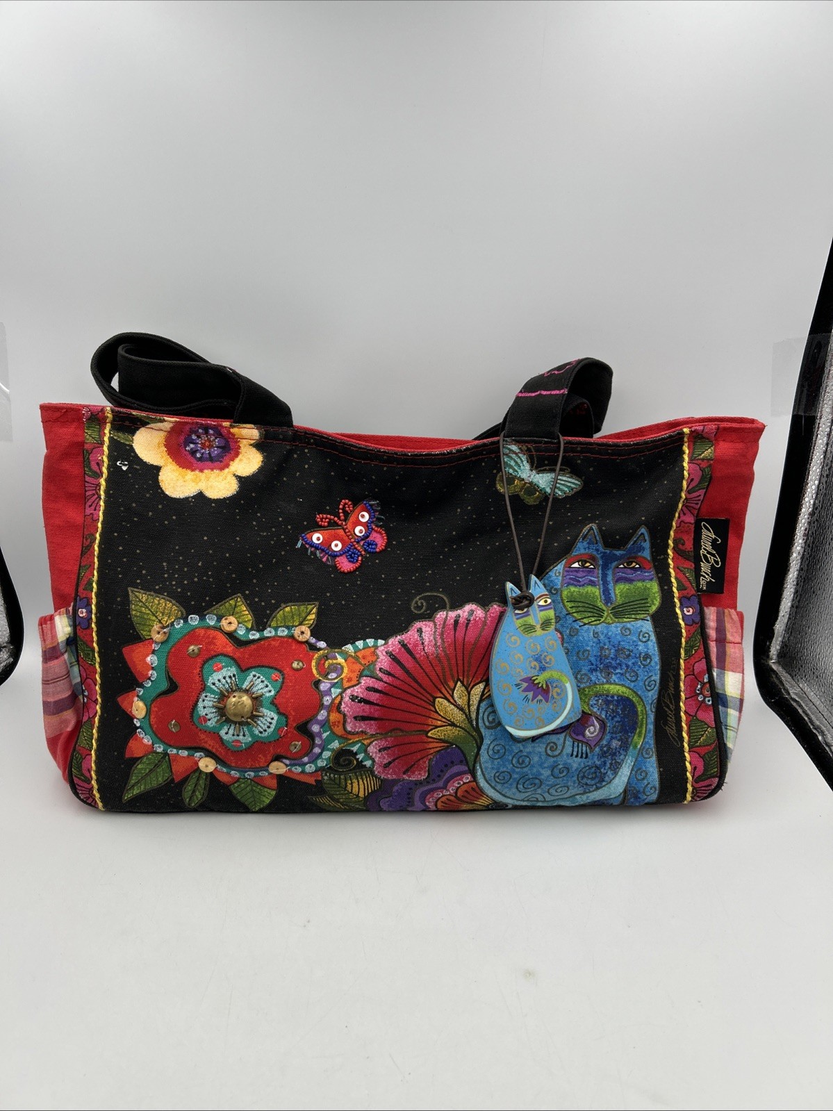 Laurel Burch Feline Friends Shoulder Bag Black Canvas Cat Art Embroidered Beaded