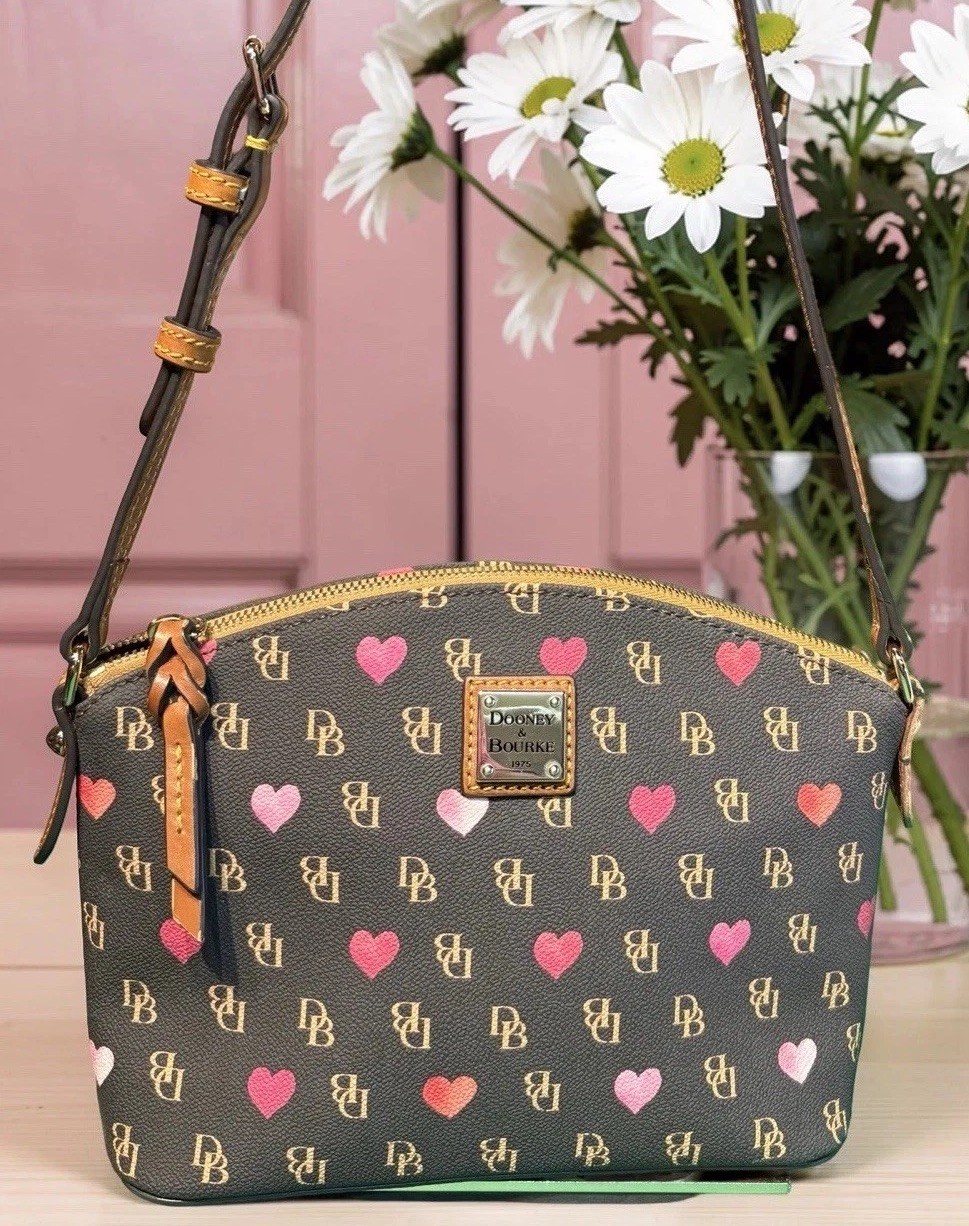 Dooney Bourke Brown Pink Gretta Novelty Hearts Logo Monogram Suki Crossbody Bag