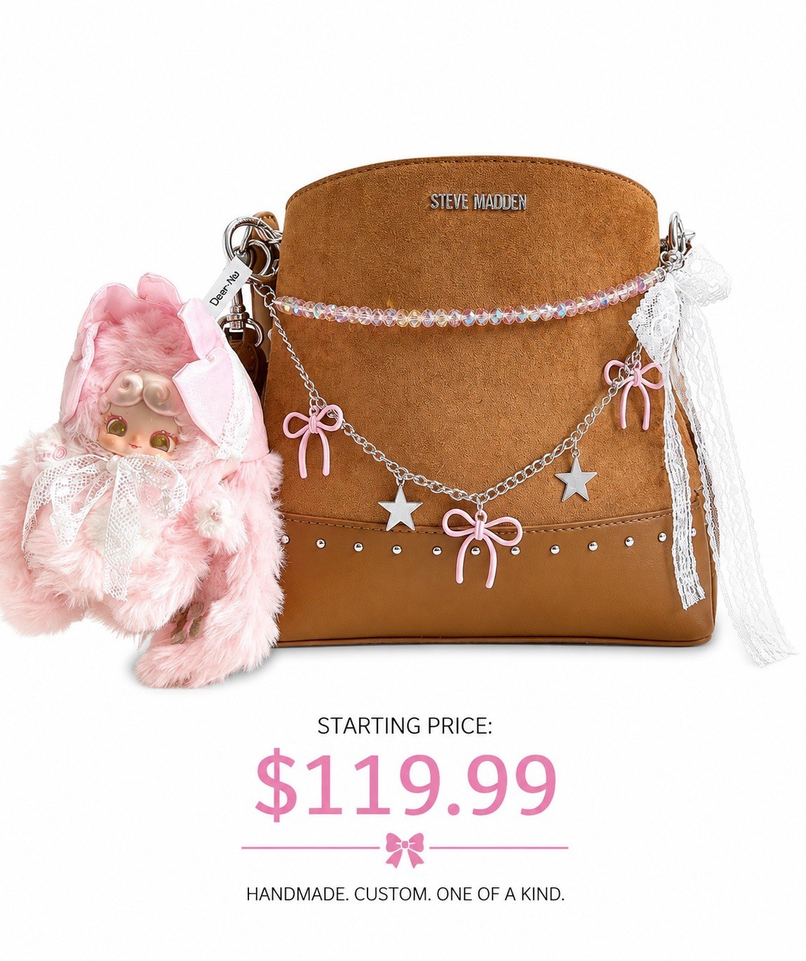 Steve Madden Small Shoulder Bag Brown/Pink Snap, Charm, Chain Lace, Y2K