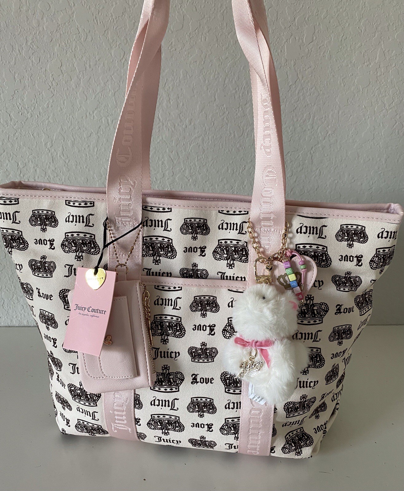 Juicy Couture Crown Juicy Festival Tote Bag Pink Cream Chocolate W/Plush Charm