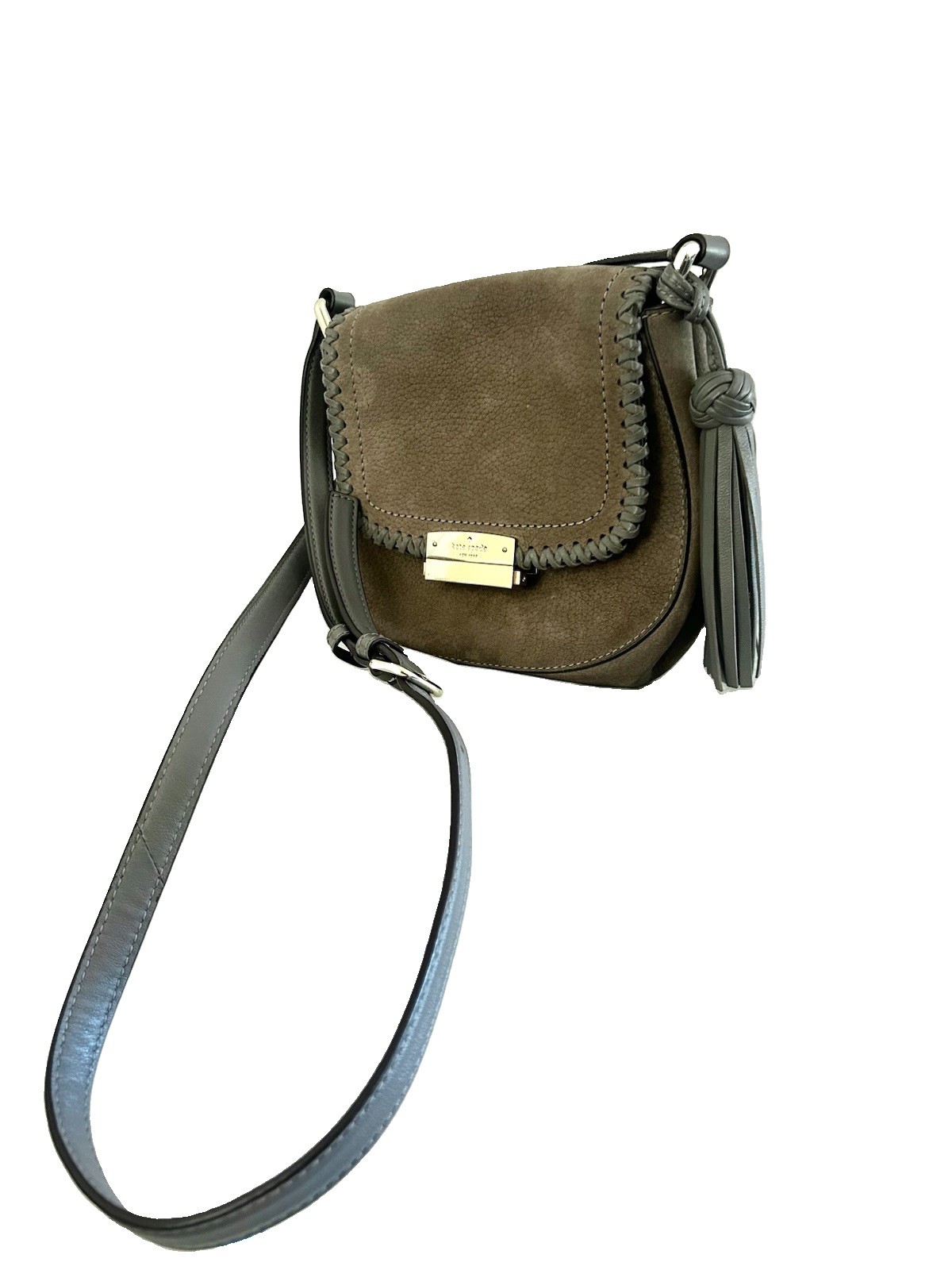 Kate Spade Adalise Somerton St Gray Suede Leather Saddle Crossbody Bag Tassel