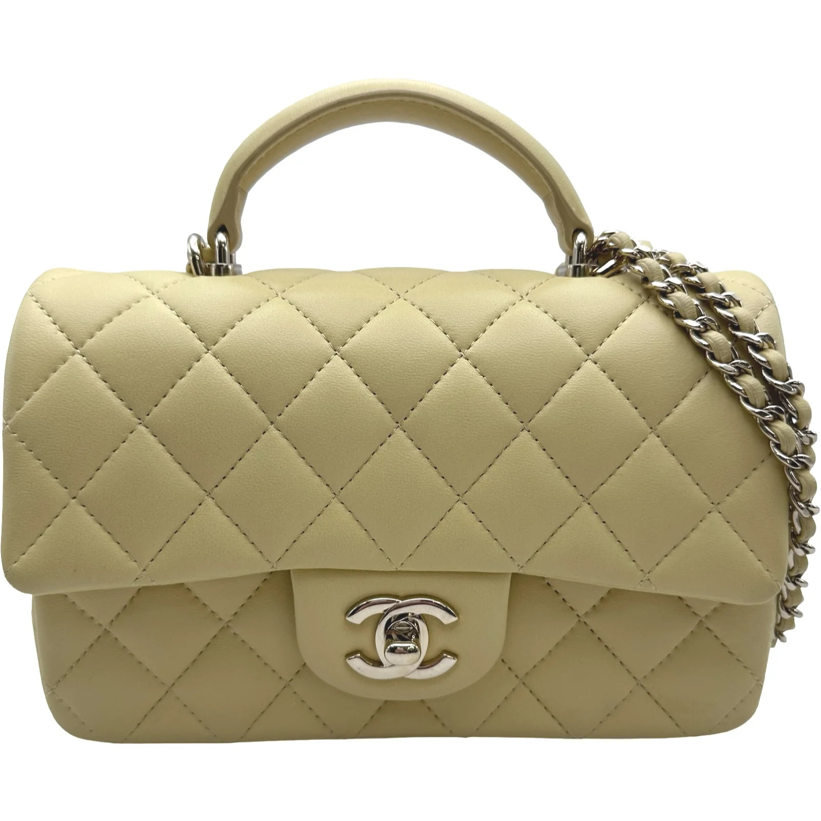 CHANEL Matelassé Top Handle Flap Bag Yellow Lambskin Handbag AS2431 #OKB4767