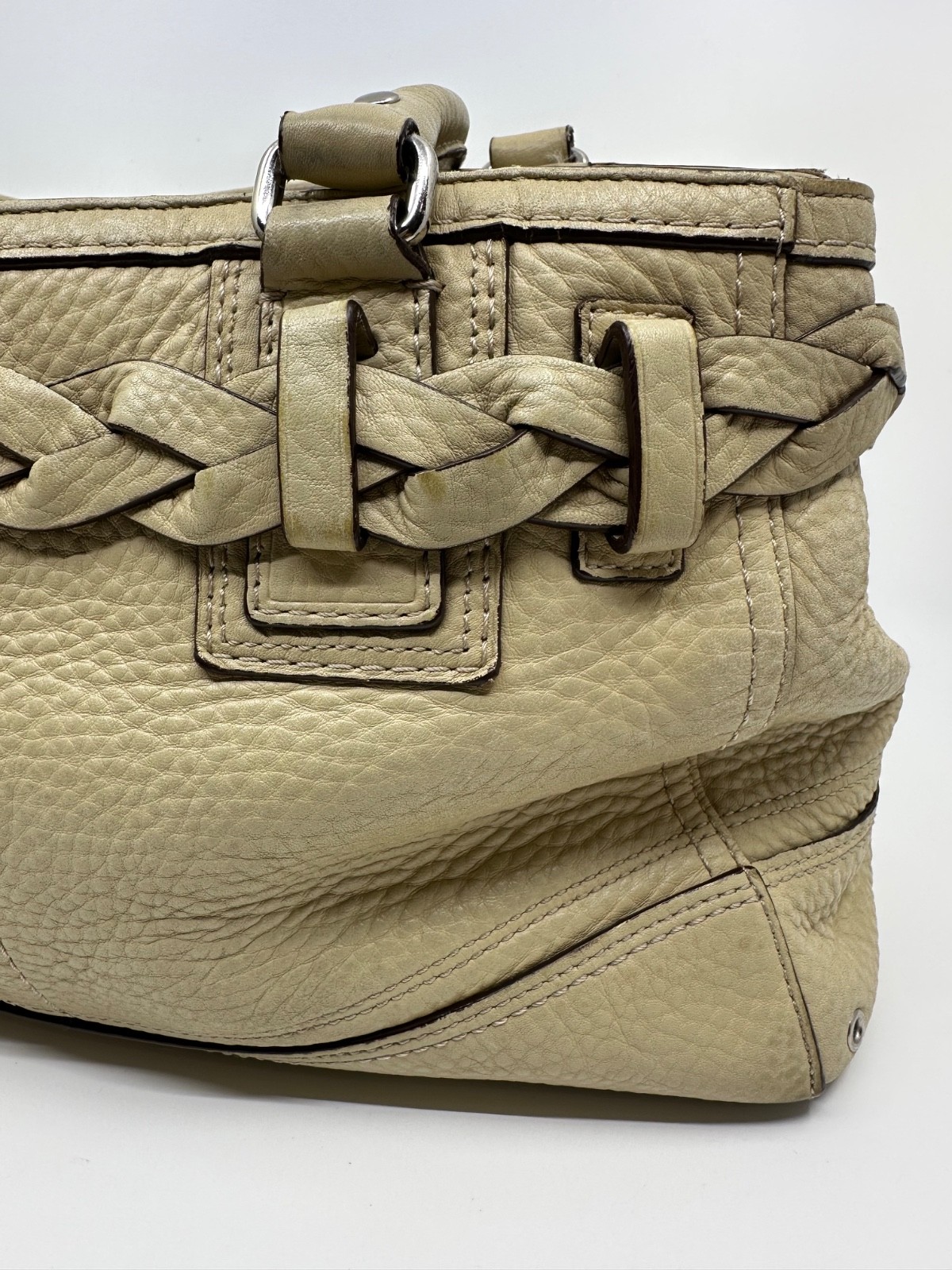 Coach Hampton F13084 Cream Pebbled Leather Braided Carryall Satchel Bag