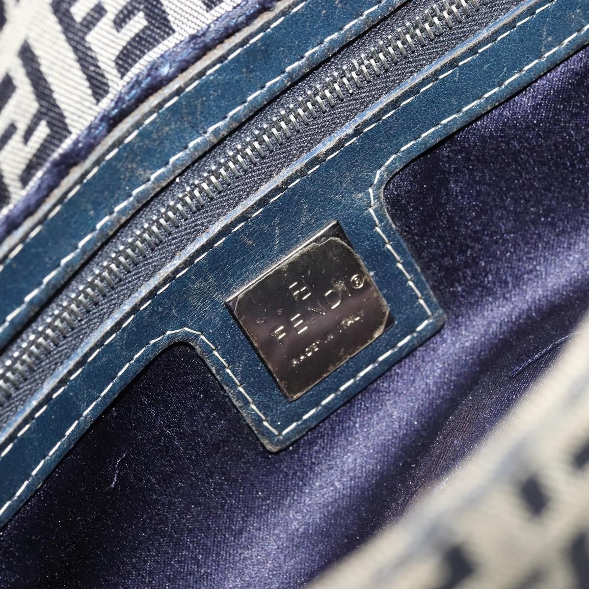 FENDI Zucchino Canvas Mamma Baguette Shoulder Bag Navy Silver Auth bs34528