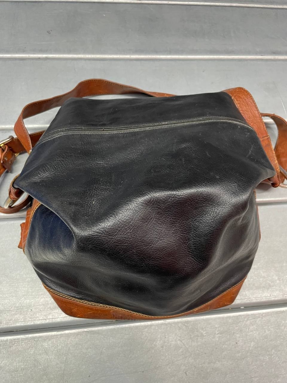 Marino Orlandi Black Leather Bag, Bucket Style with Brown Trim Hand/Shoulder Bag