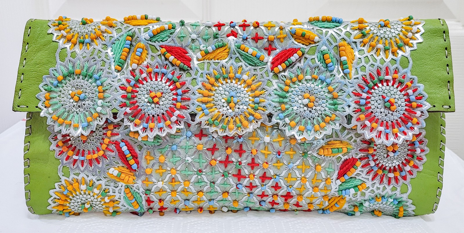 LARETTAMIA Italy Handmade Leather Beaded Embroidered Floral Whipstitch Clutch