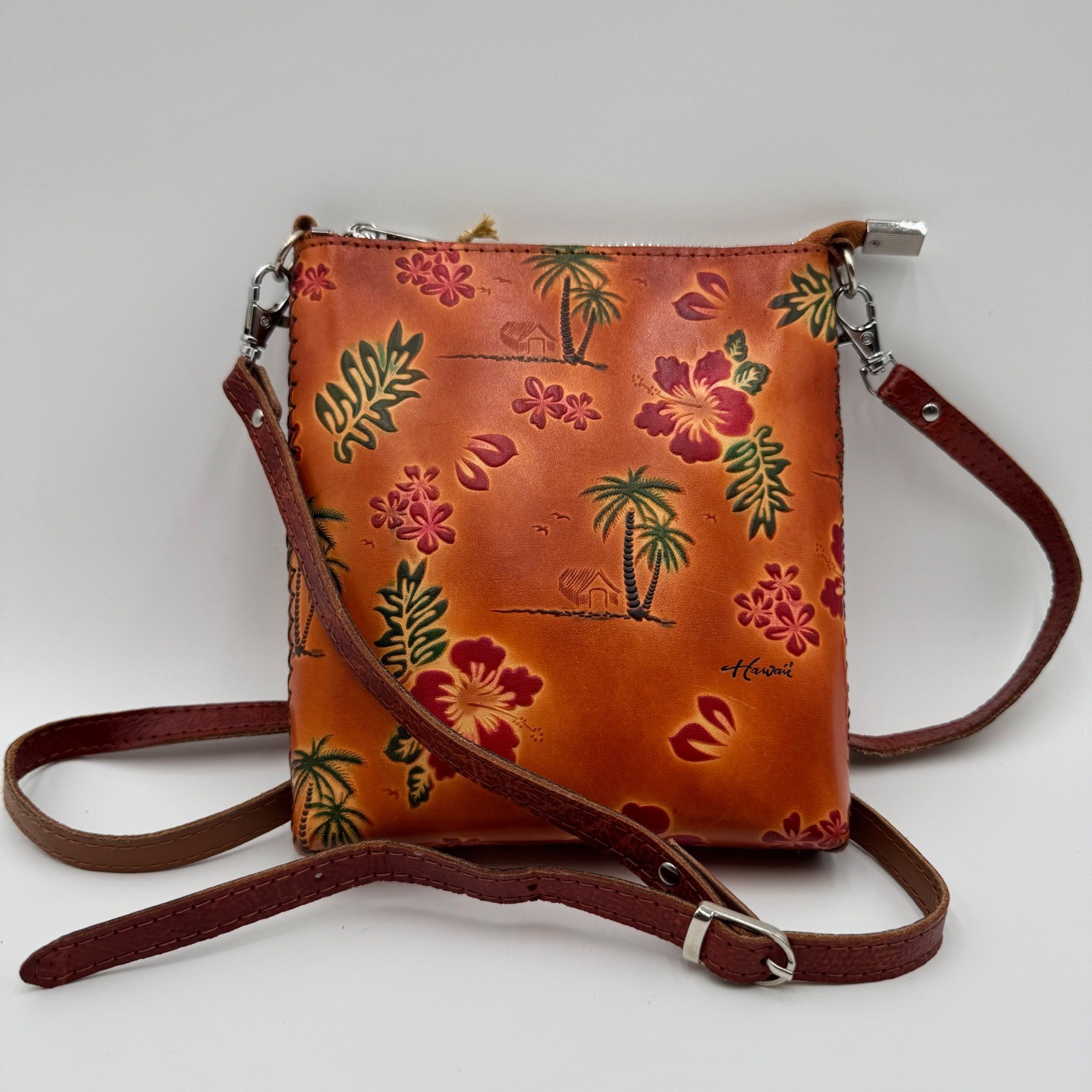 Aloha From Hawaii Crossbody Bag Hand Made Leather Tropical Floral Women Brown