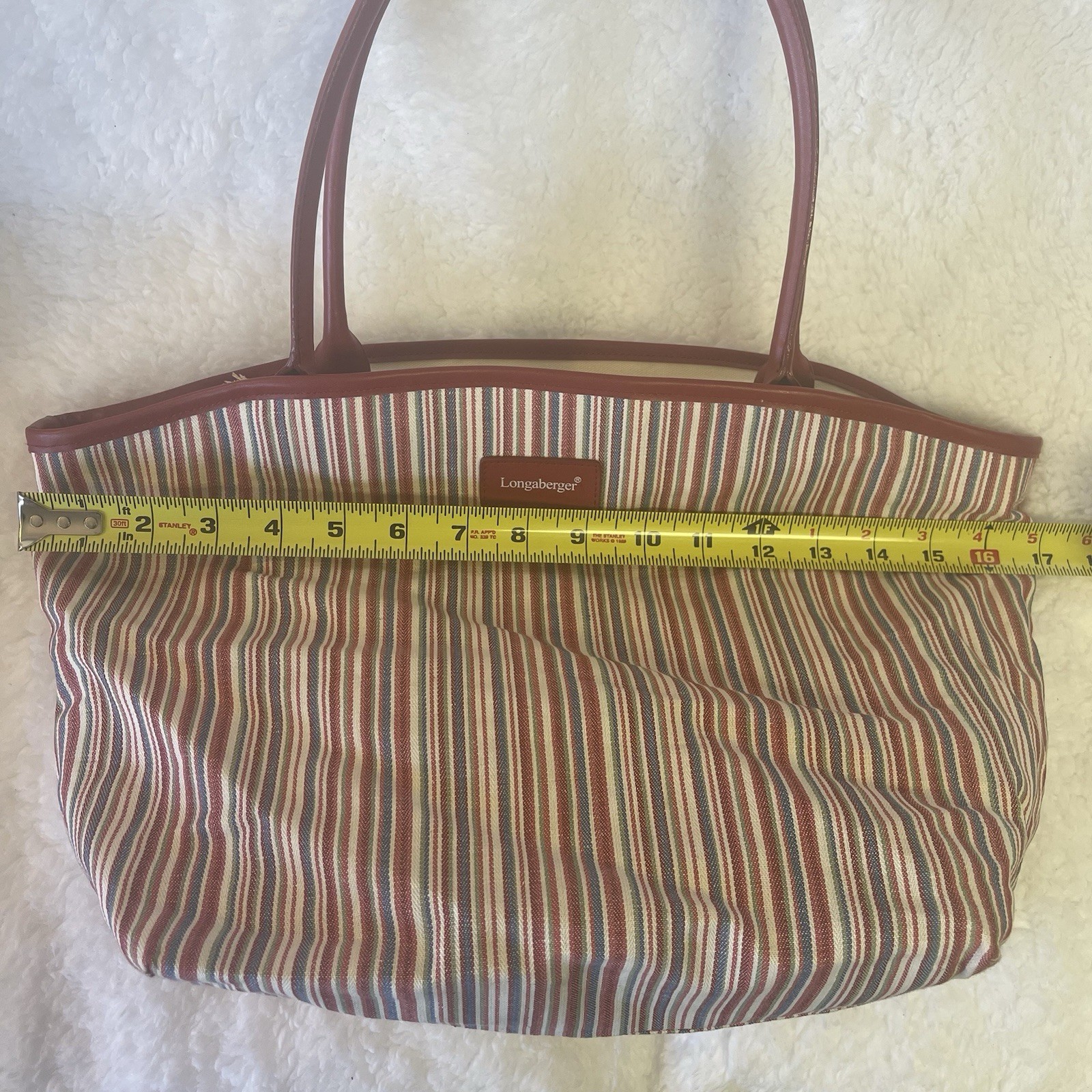 LONGABERGER Striped Canvas Tote Bag Burgundy/cream Purse Handbag Shoulder Bag