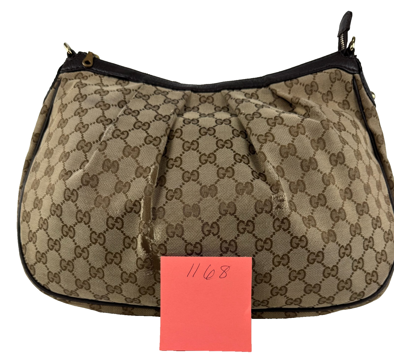 Gucci Brown Canvas GG Guccissima Sukey Hobo Bag Leather Trim Chain Runway Auth
