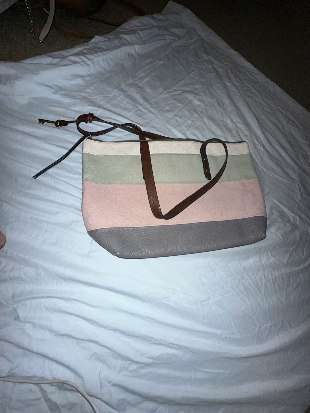 Fossil Jenna Pebble Leather Colorblock Stripe Tote Bag