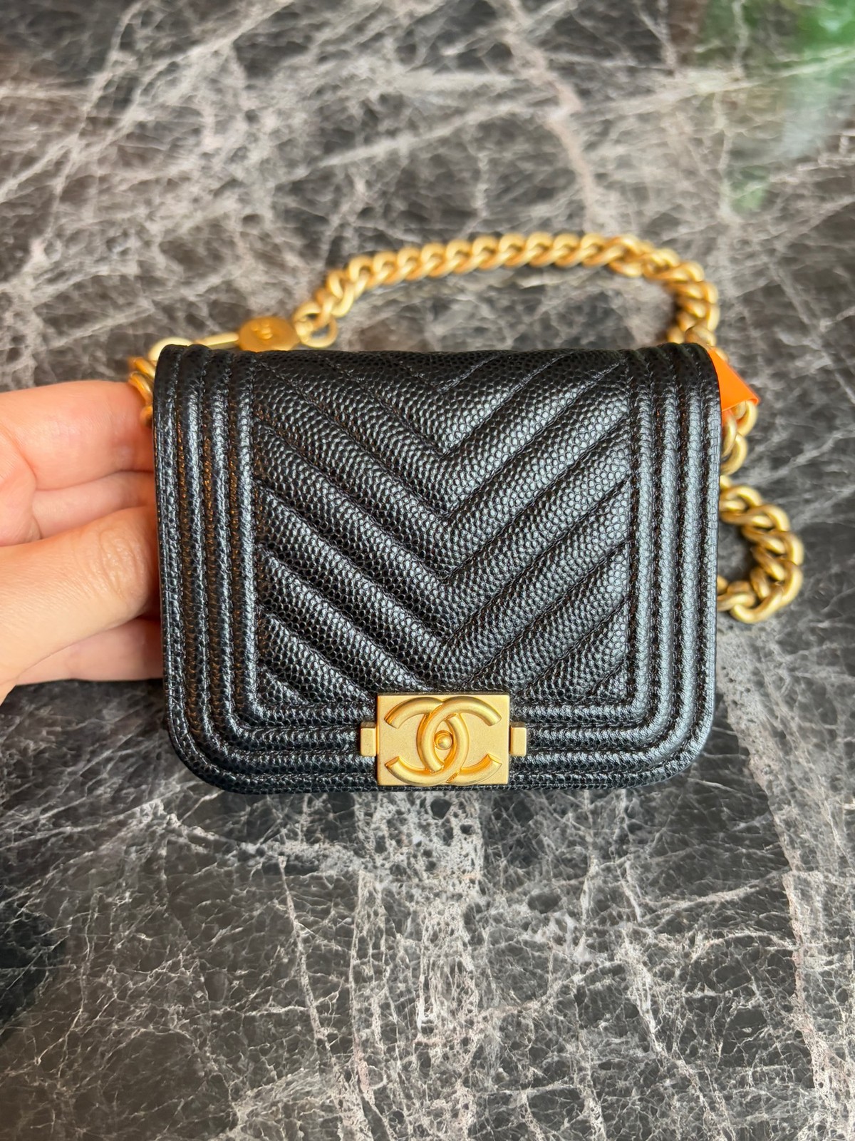 Chanel Le Boy Black Chevron Caviar Leather Mini Card Holder with Chain
