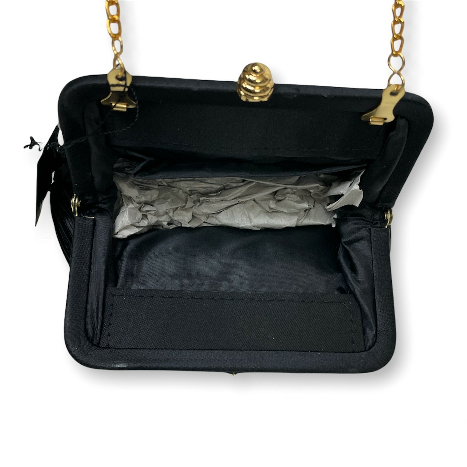 Women’s Formal Small Black Snap Close Purse Gold Color Strap Chain Ribbed — NWT