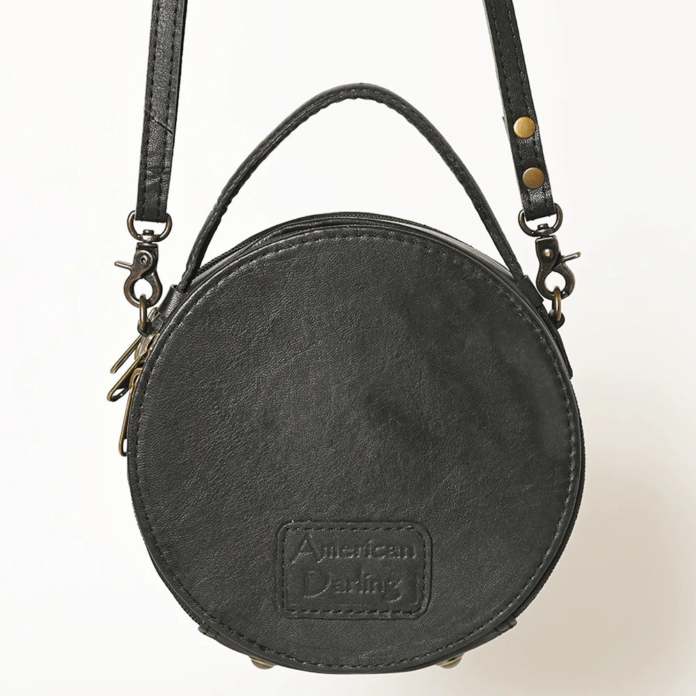 American Darling Hand-Tooled Leather Canteen Bag -Black and Pink Cactus Flower
