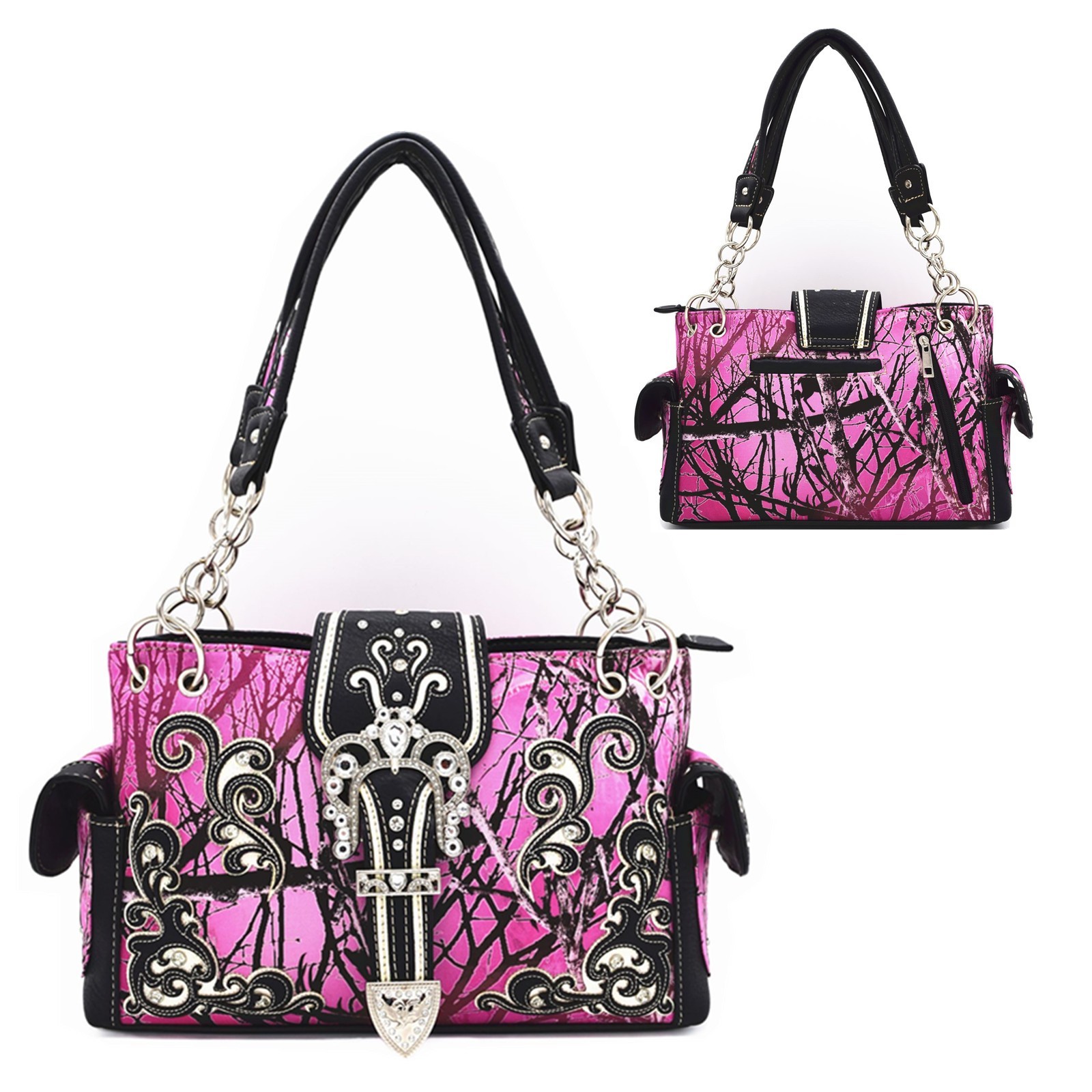 Camouflage Crown Buckle Carry Purse Western Handbag Rhinestone Satchel Bag Pink