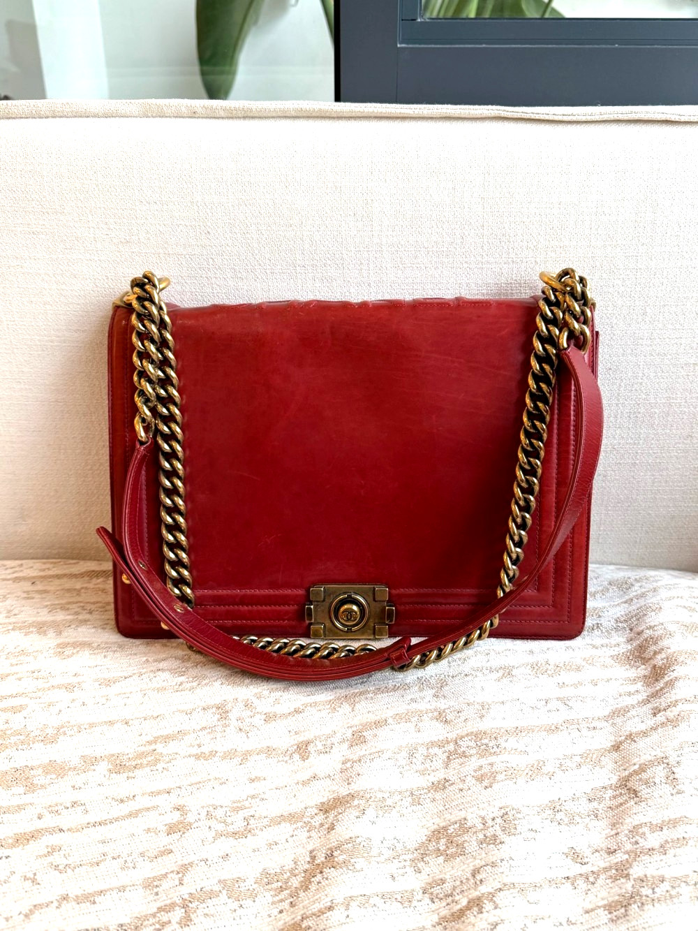 Chanel Le Boy Large Vintage Red Leather Crossbody Bag, 30cm at the bottom.