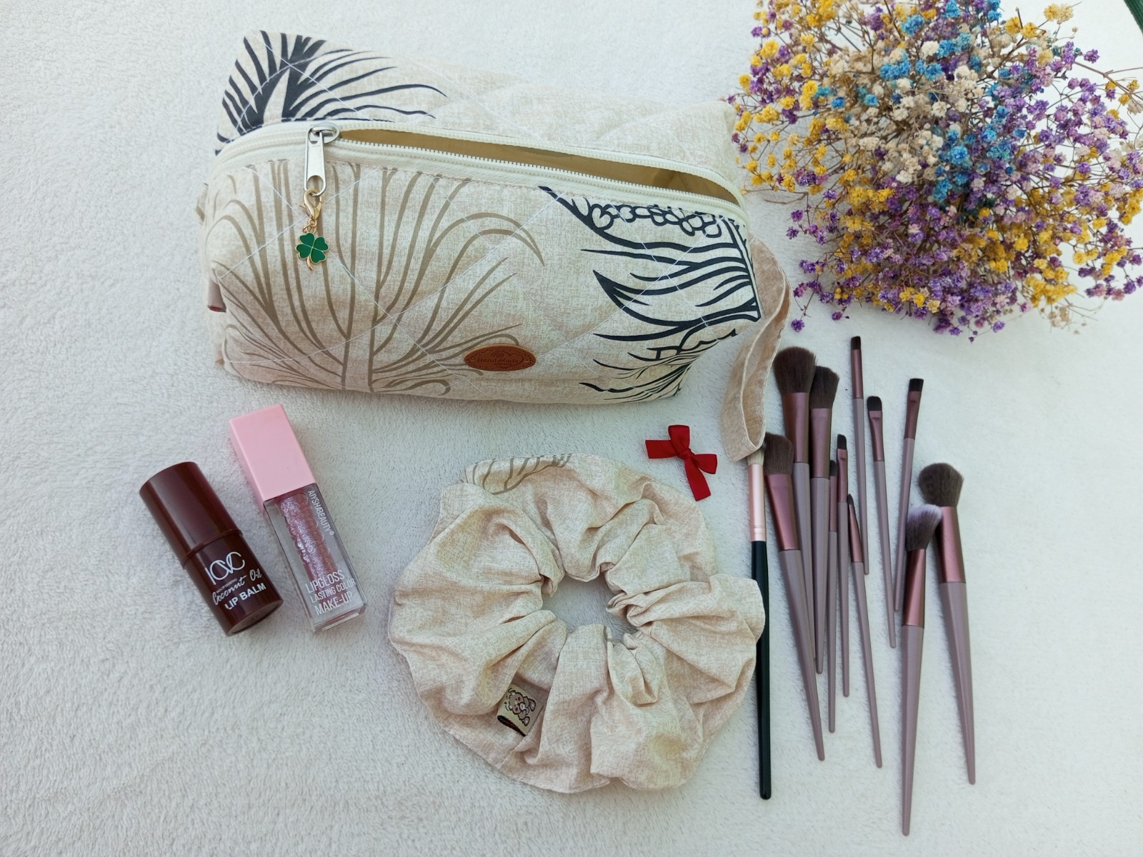 Quilted Makeup Bag Handmade Boho Feather Print Cosmetic Pouch Wrist Strap Size M