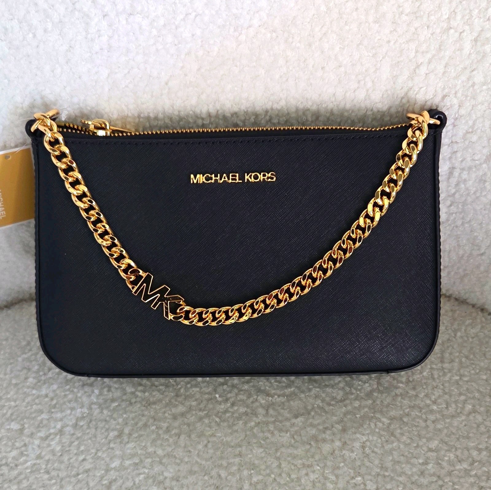 Michael Kors Logo Zip Shoulder Bag Black Rectangle, Gold Chain Strap Hardware