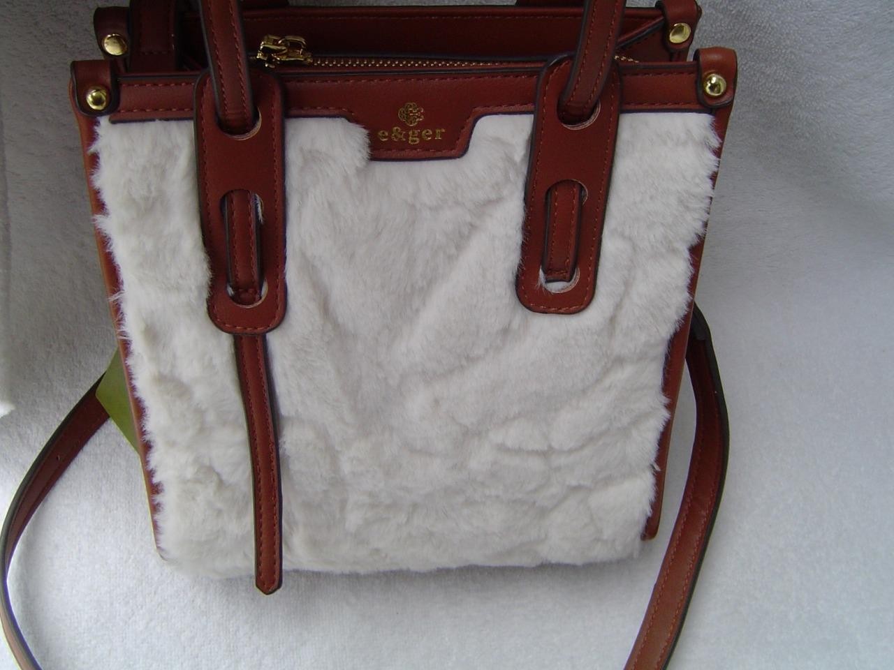 NEW AUTHENTIC E&GER FAUX WHITE FUR AND BROWN LEATHER MINI TOTE NEW WITH TAGS!