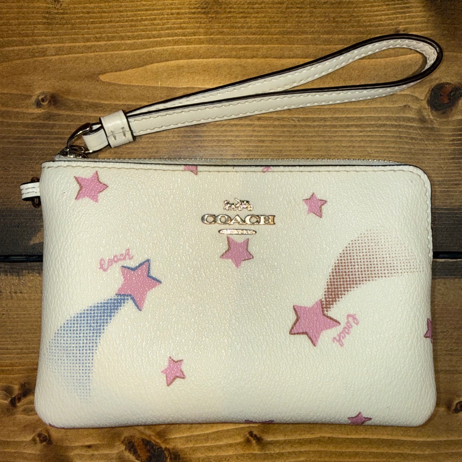 Coach Disco Shooting Star Corner Zip Wristlet Chalk White PVC Canvas Leather