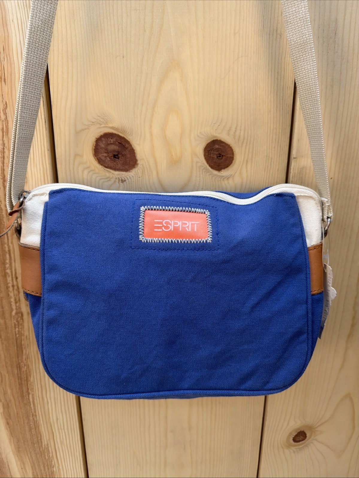 Vintage NWT Esprit Crossbody Bag Blue And White Canvas W/ Leather NOS Bin CY