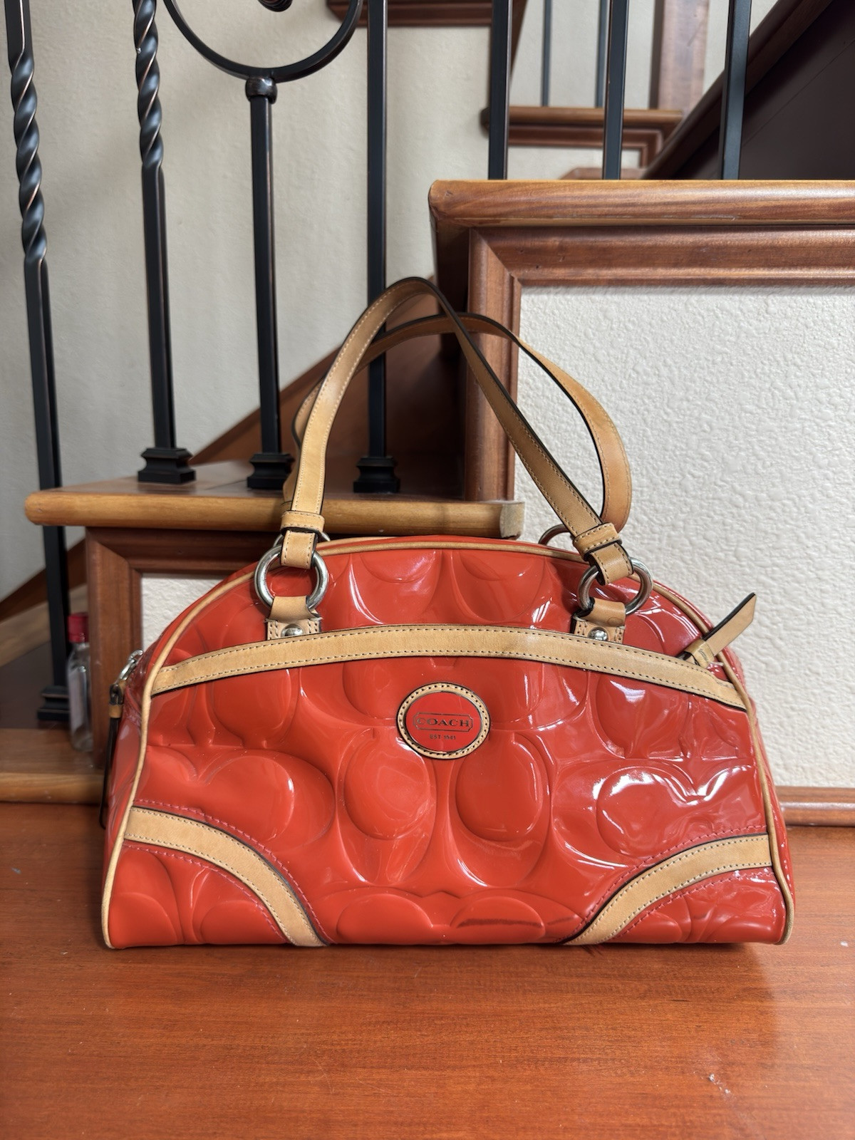 Coach Coral Orange and Tan Satchel with Silver Accents – Women’s