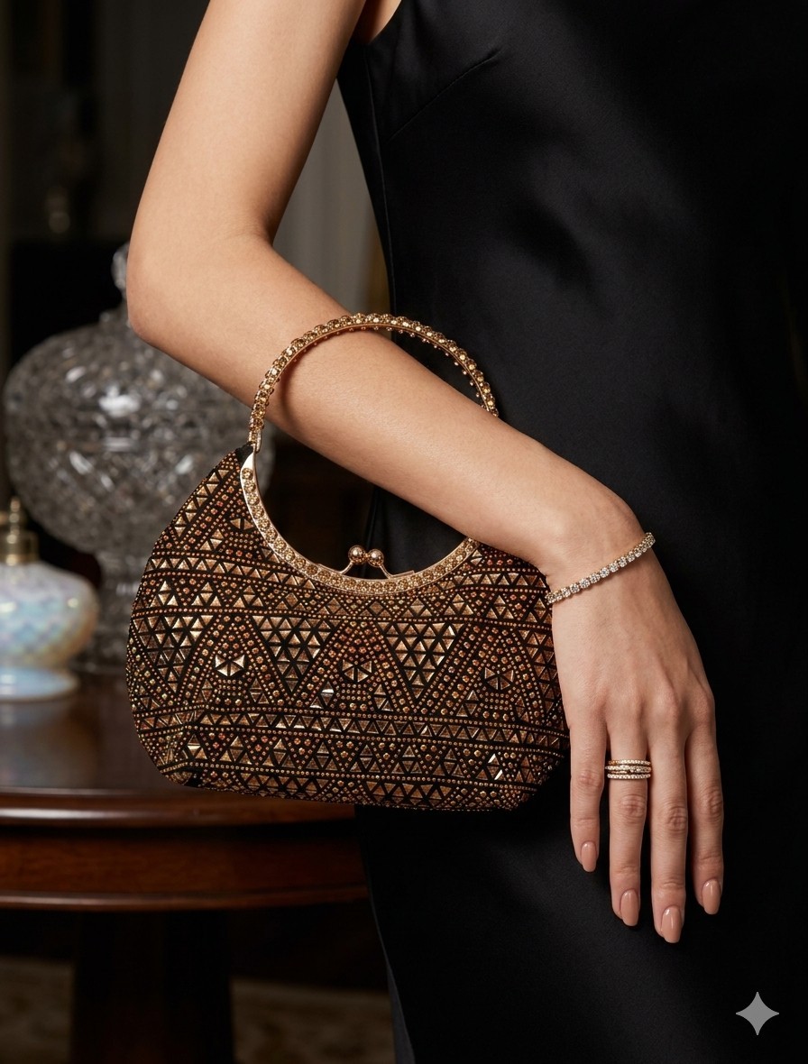 Evening Rhinestone Handbag W/Chain Incl Gold Handle Gold&Pink Hues Kiss Lock NEW