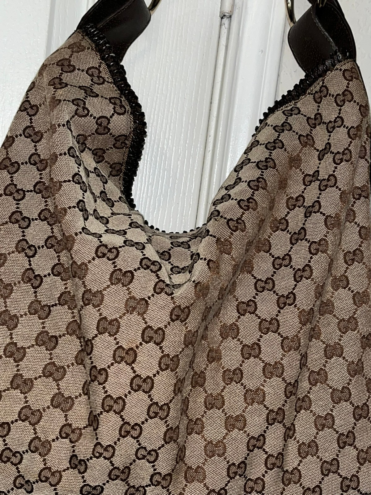 Authentic Gucci Large Horsebit Hobo GG Beige Monogram Canvas Leather Trim 114900