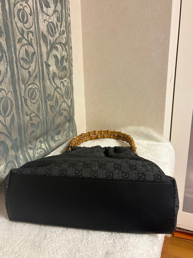 Gucci Bamboo Handle Shoulder Bag Black Canvas 12.2in x 14.6in x 3.9in